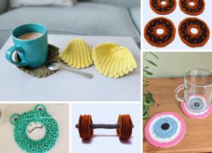 crochet coasters featuring different creative designs