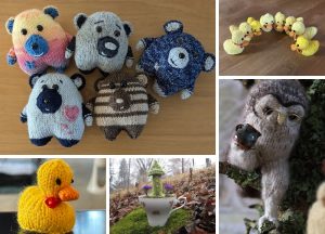 a collection of knitted toys