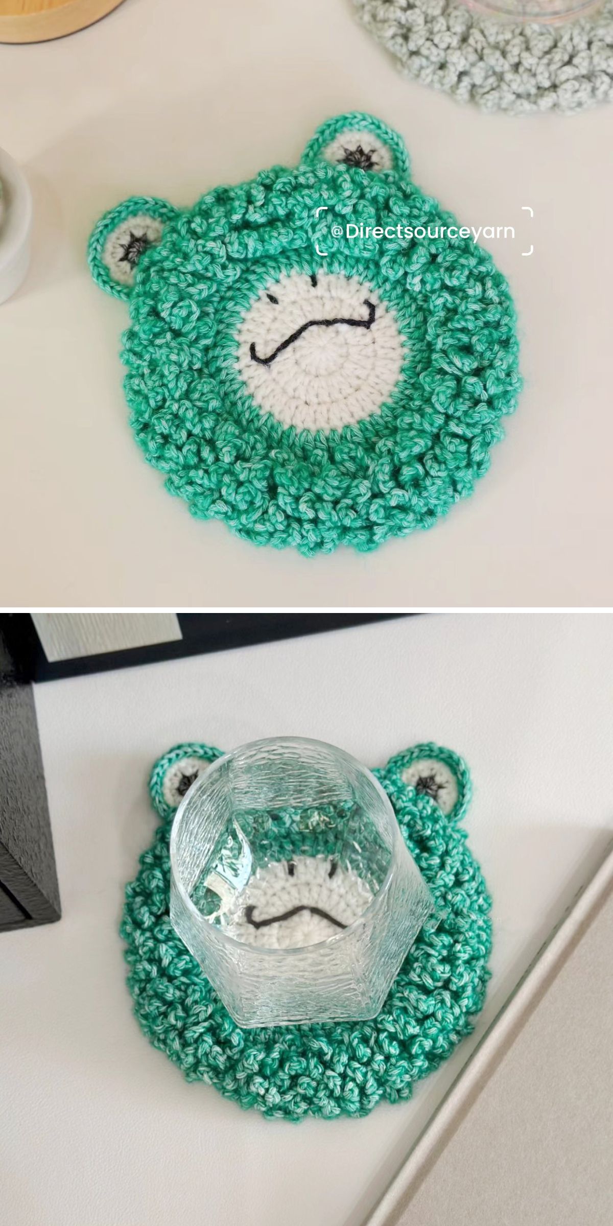 a scrochet coaster featuring a textural frog-themed design 