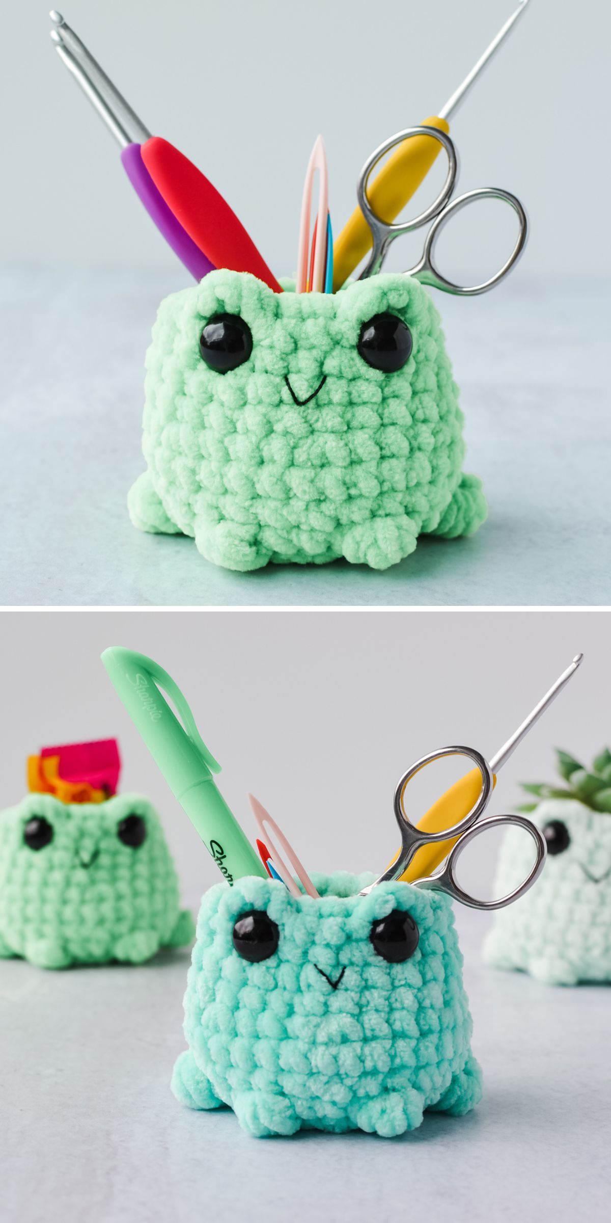 a small crochet frog desk organizer