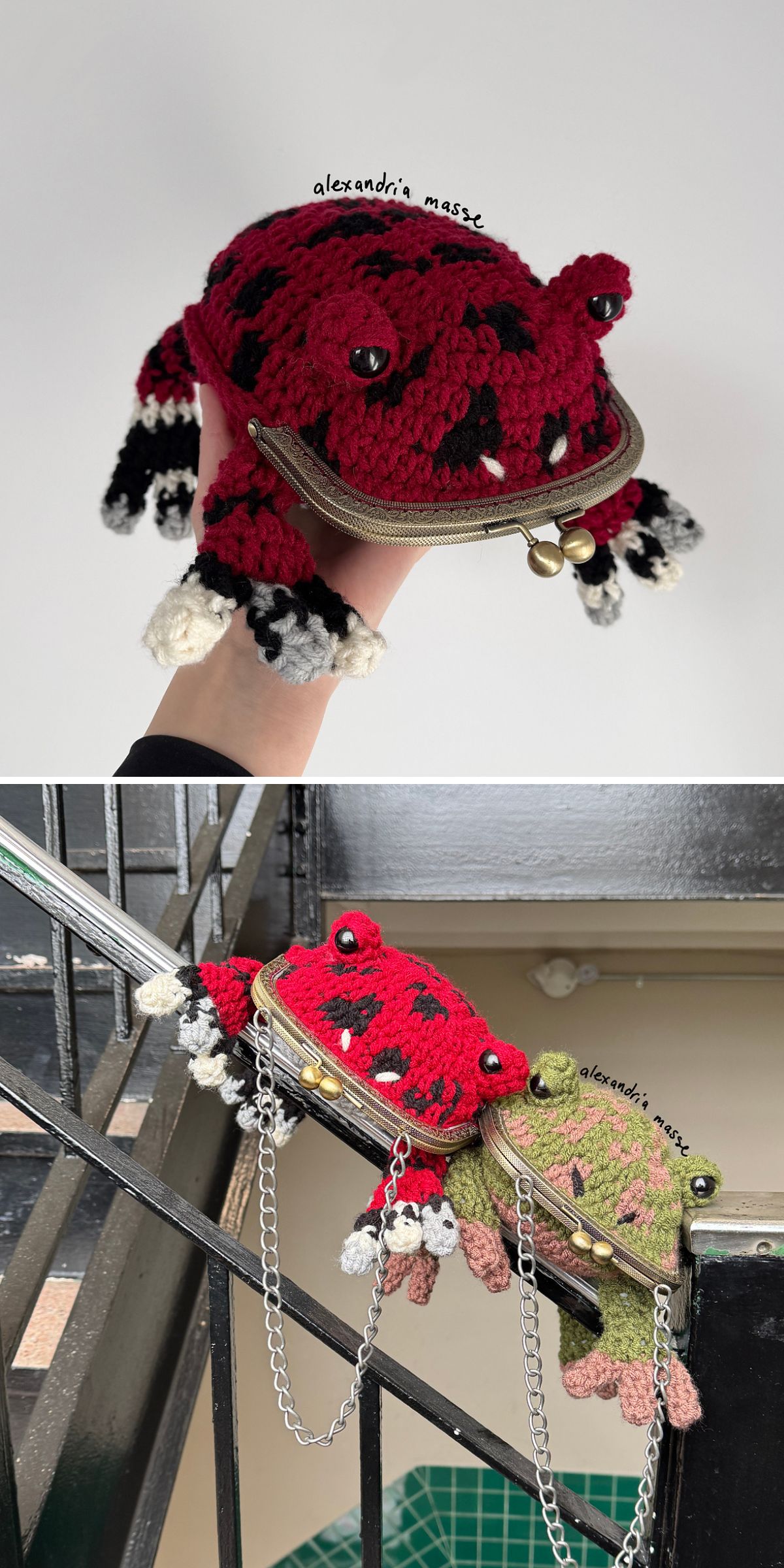 two crochet frog coin purses