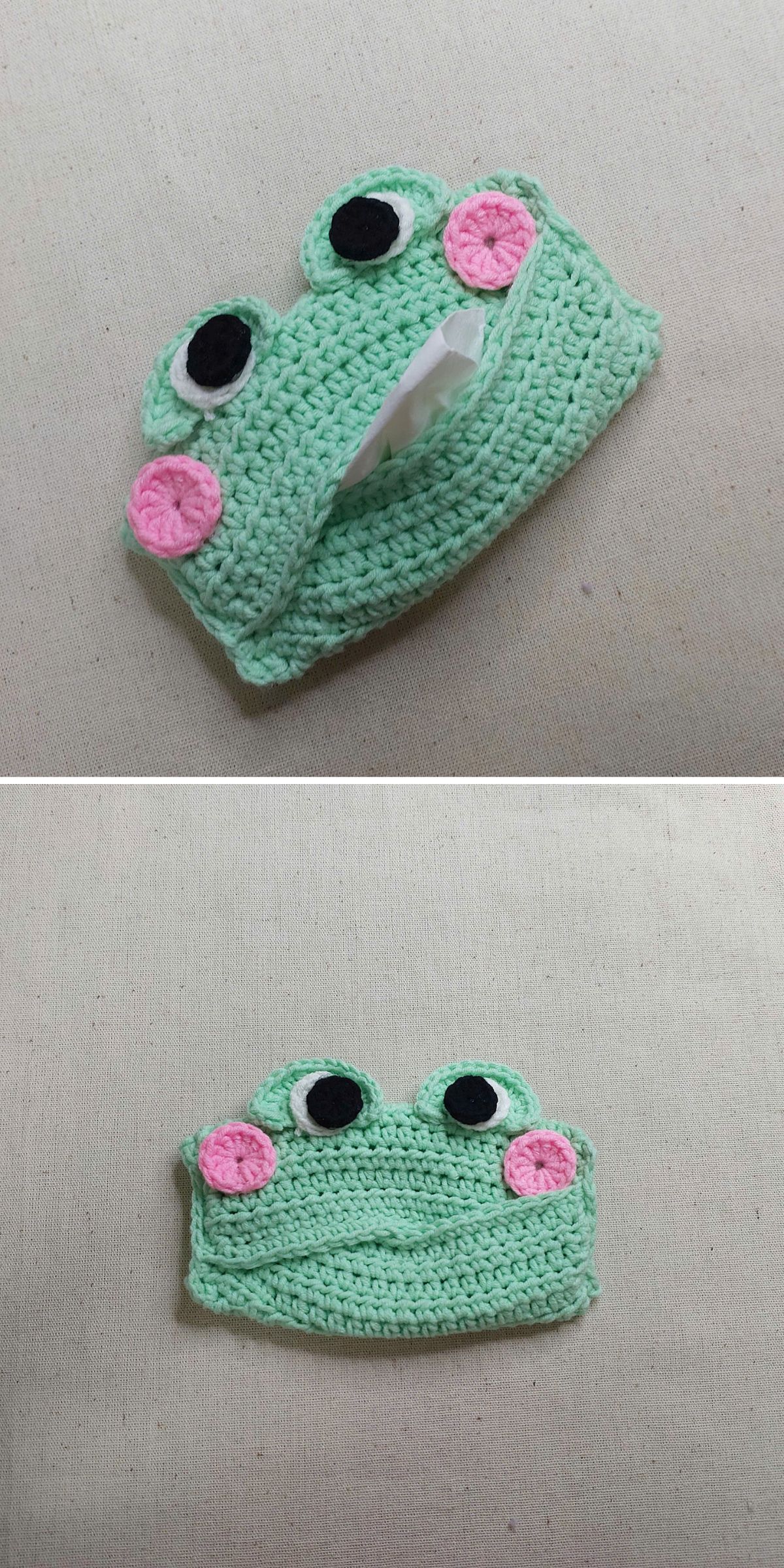 a crochet tissue holder featuring a frog design
