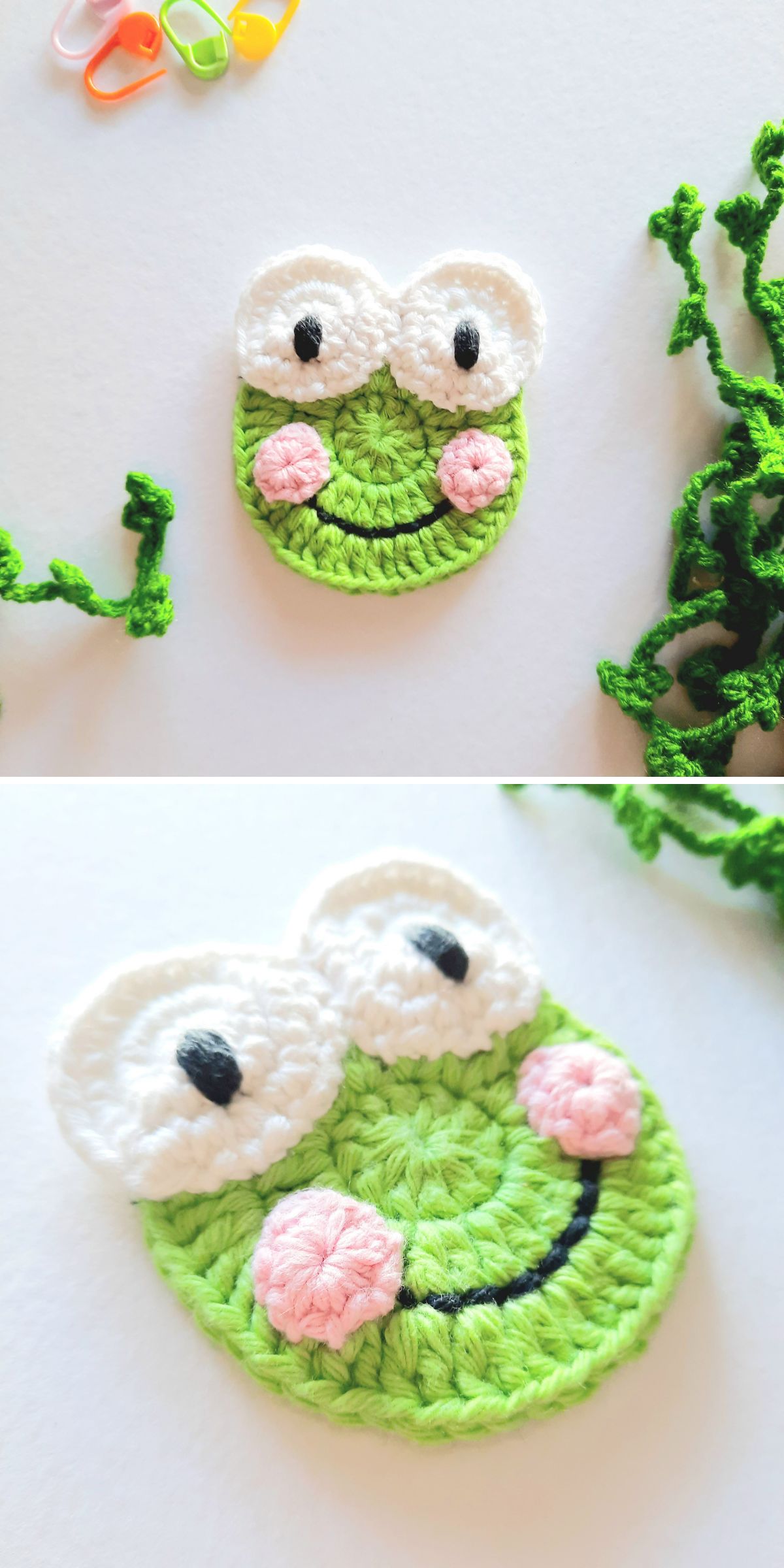 a bright crochet applique featuring a frog face