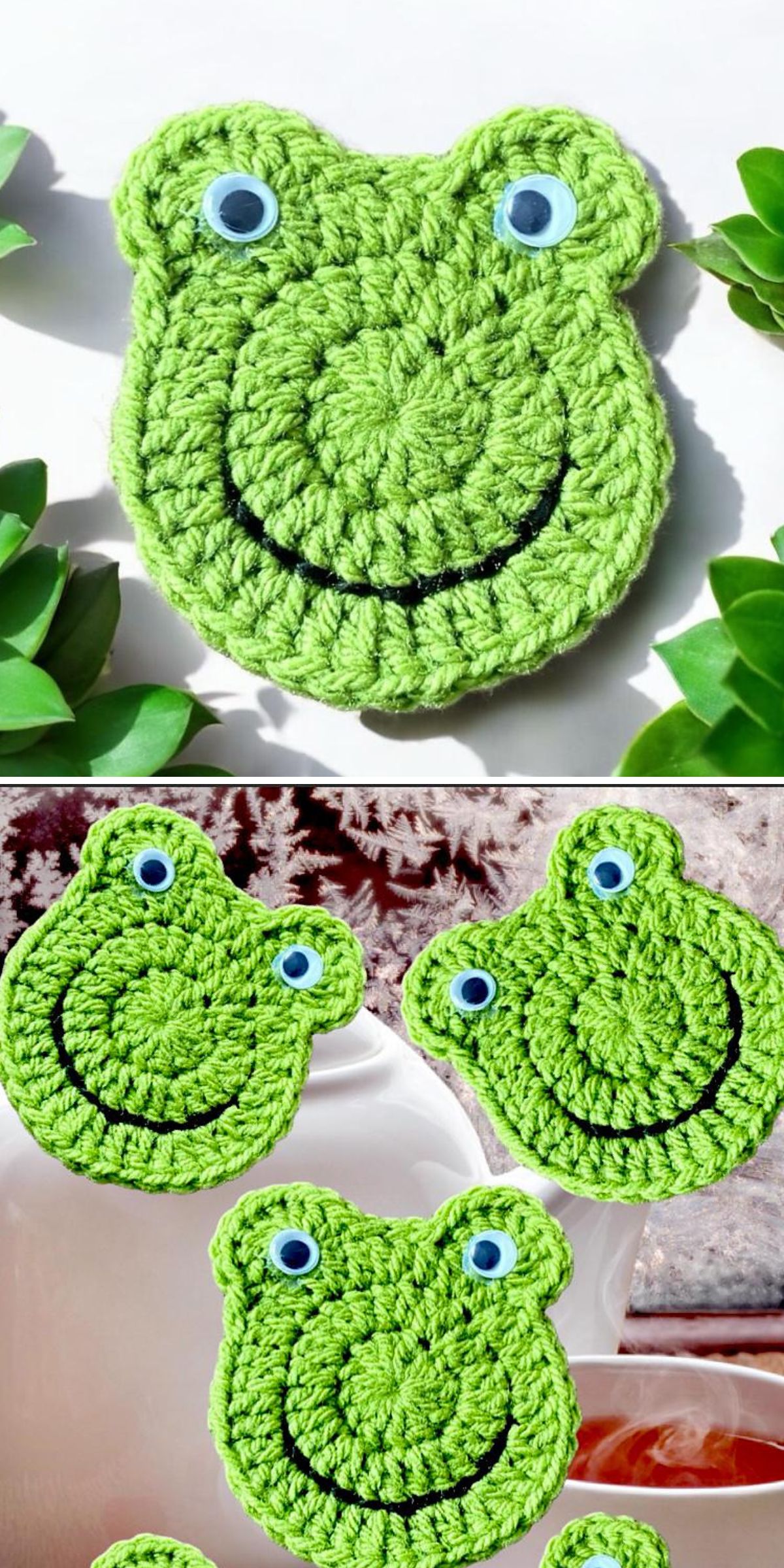 a set of frog-shaped crochet coasters