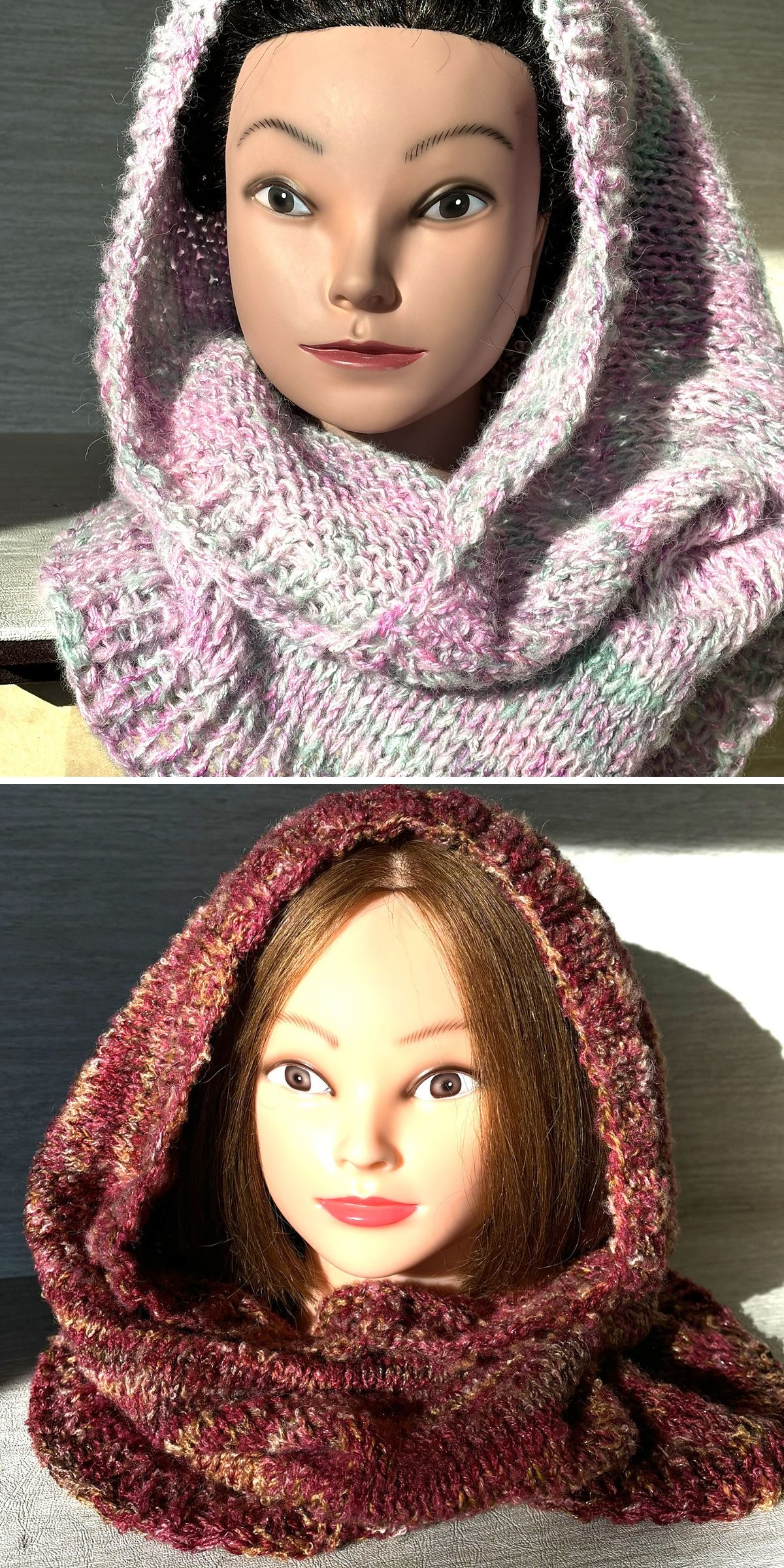 two knitted hood wraps on mannequins