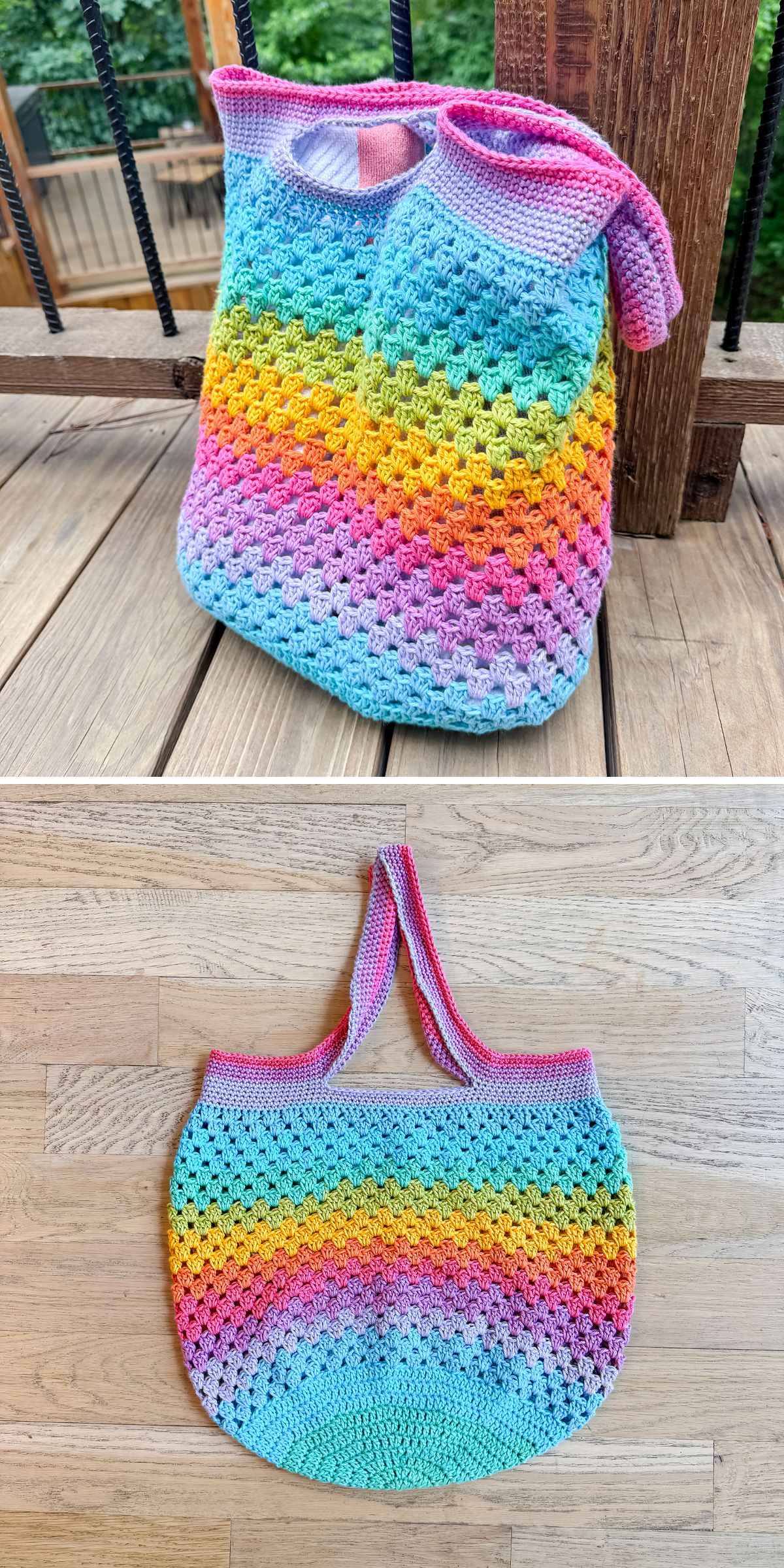 a rainbow-colored crochet beach bag