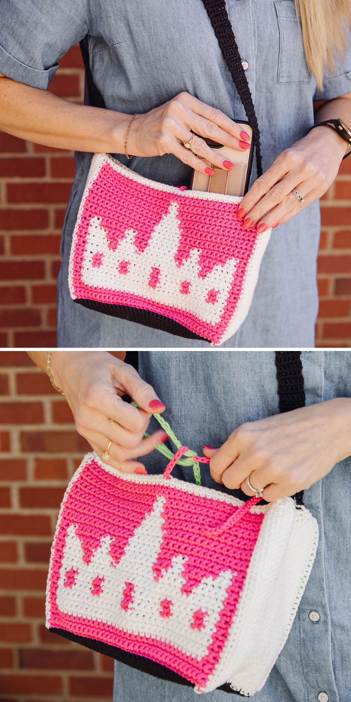 a crochet shoulder bag with a white crown motif on a pink background