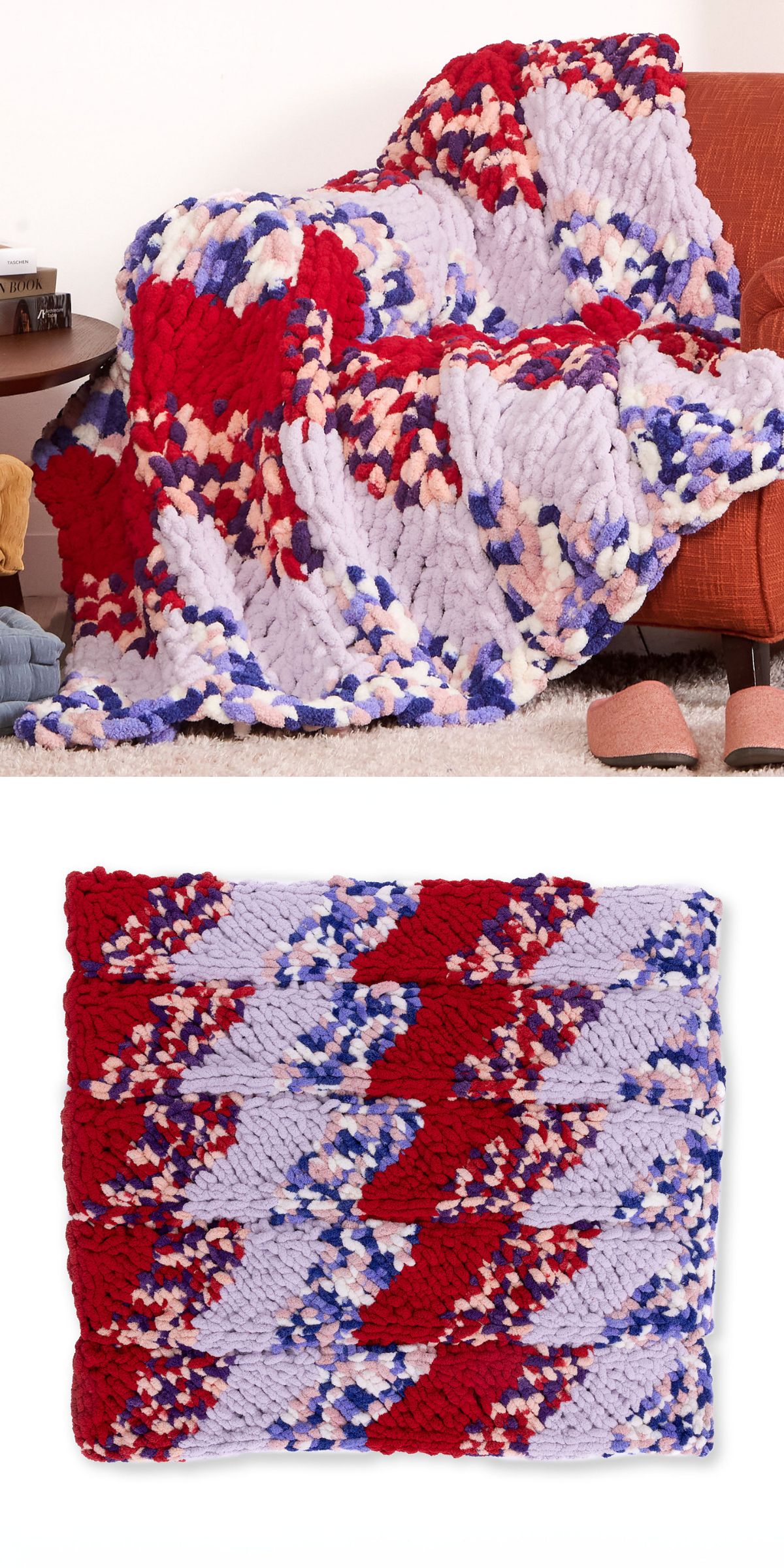 a multicolored knitted blanket laid on a sofa