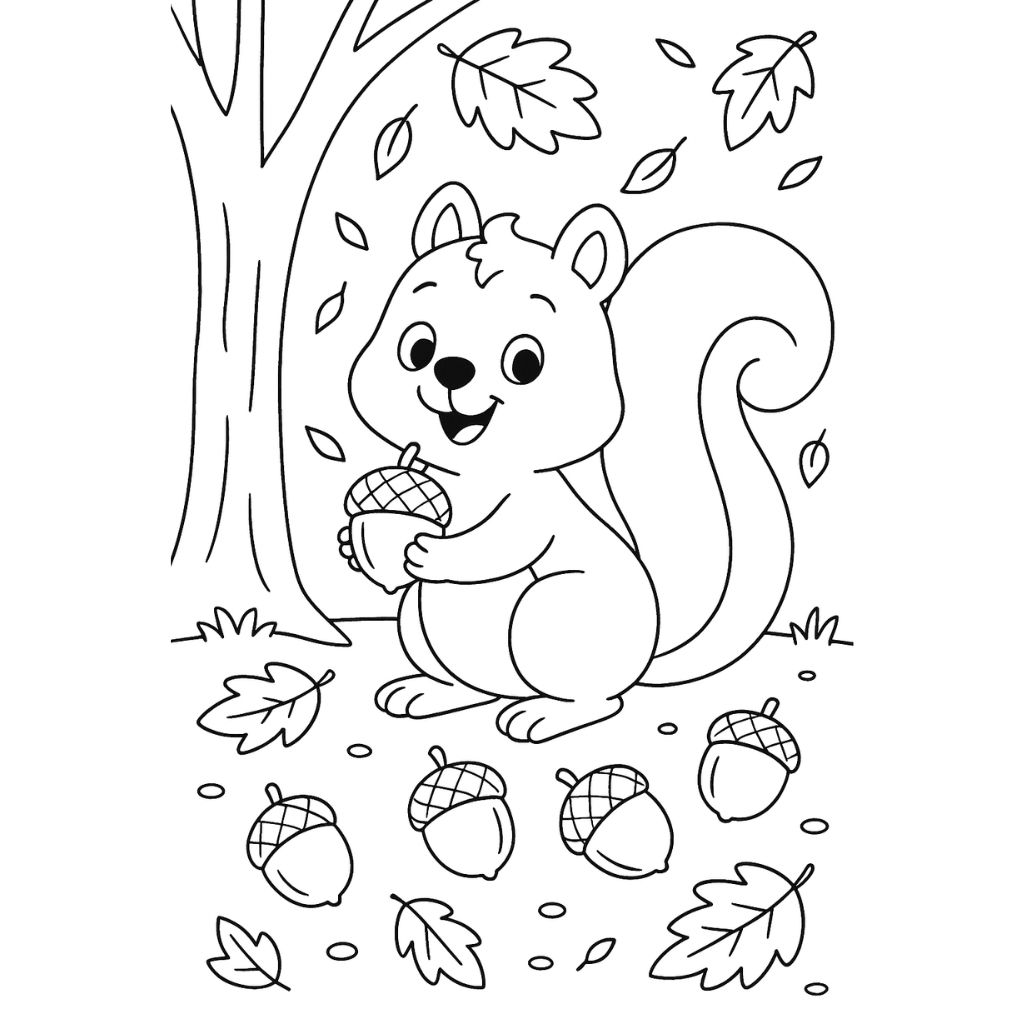 Cute squirrel holding acorns surrounded by autumn leaves – fall coloring page for kids printable.