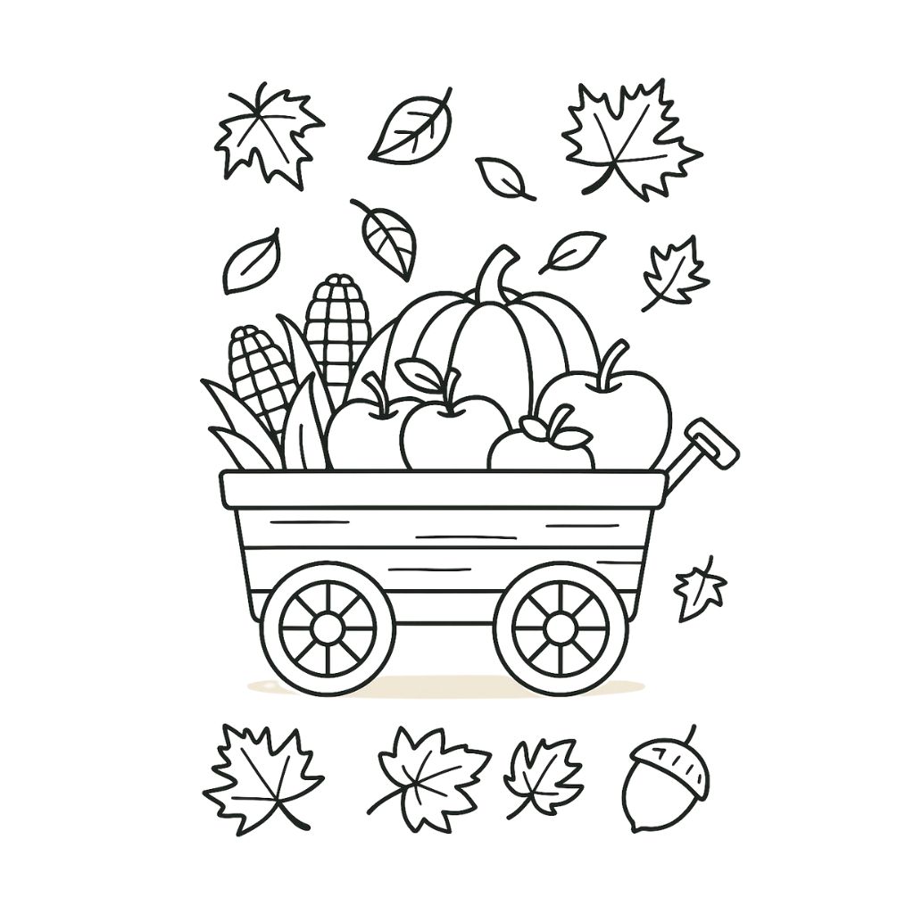Wooden wagon filled with pumpkins, apples, and corn – printable fall coloring sheets for kids.