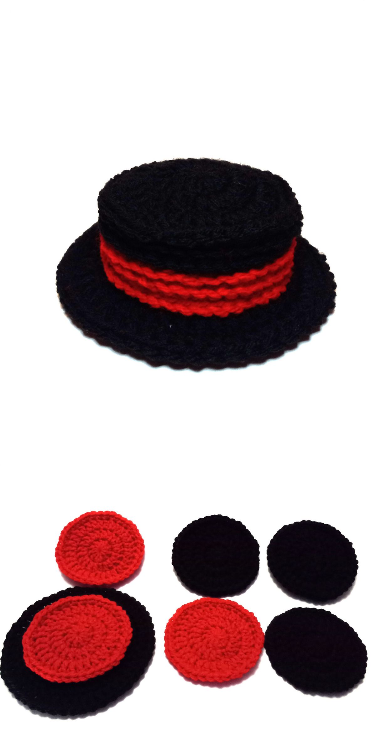 crochet coasters shaped like a hat in black and red