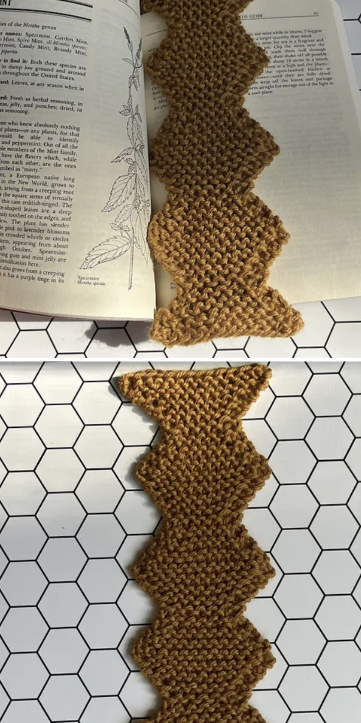 a zig-zag knitted bookmark in a brown color