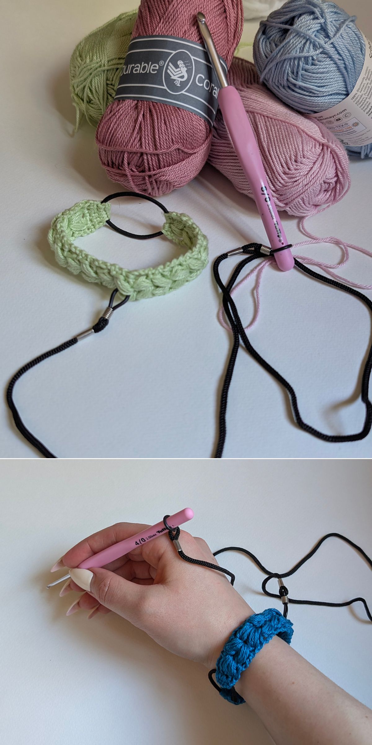 a crochet bracelet with a puff-stitched braided pattern