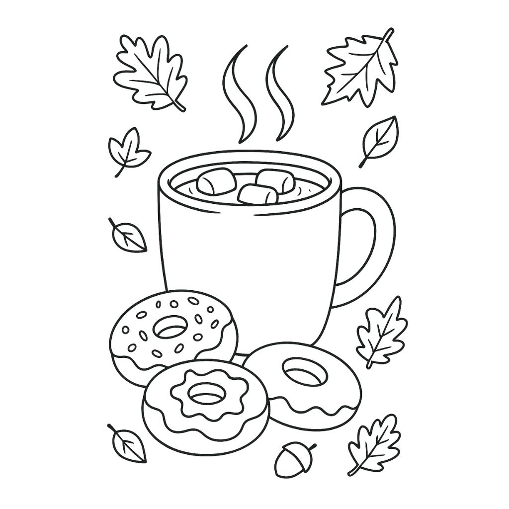 Cup of hot cocoa with marshmallows and donuts on a fall table – printable coloring pages fall theme.