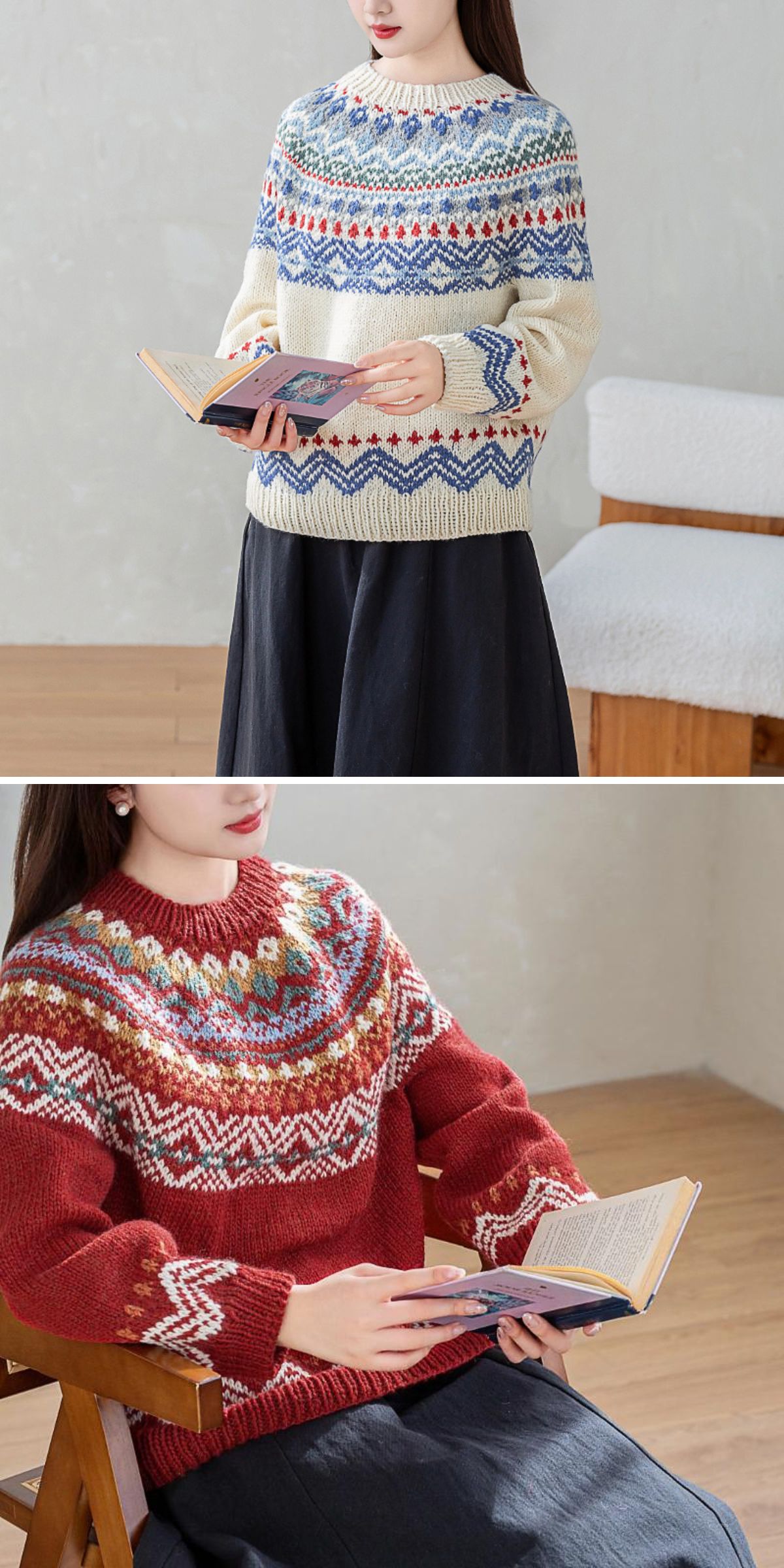 a knitted sweater featuring an elegant and colorful yoke design