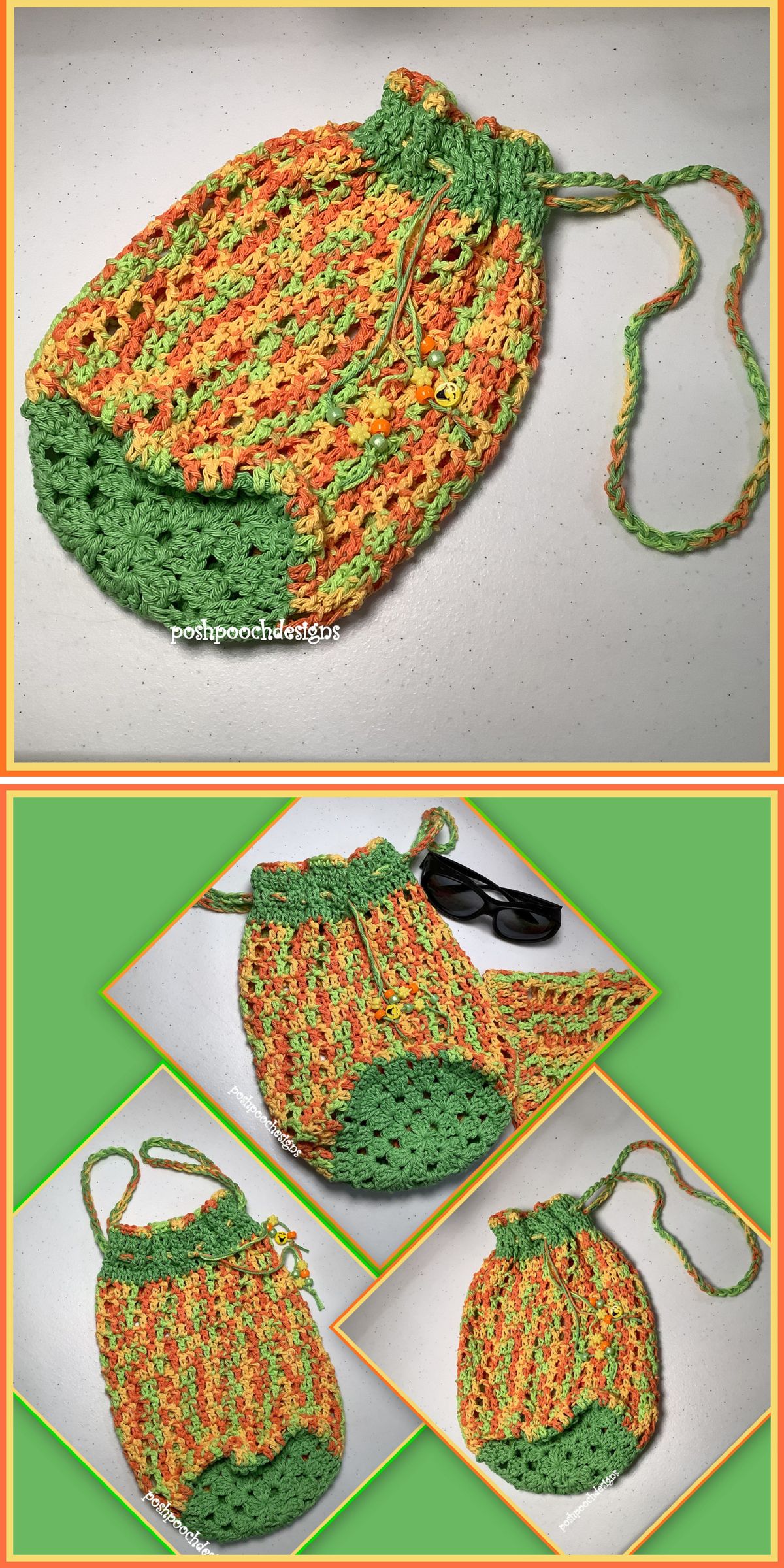 a colorful crochet drawstring bag