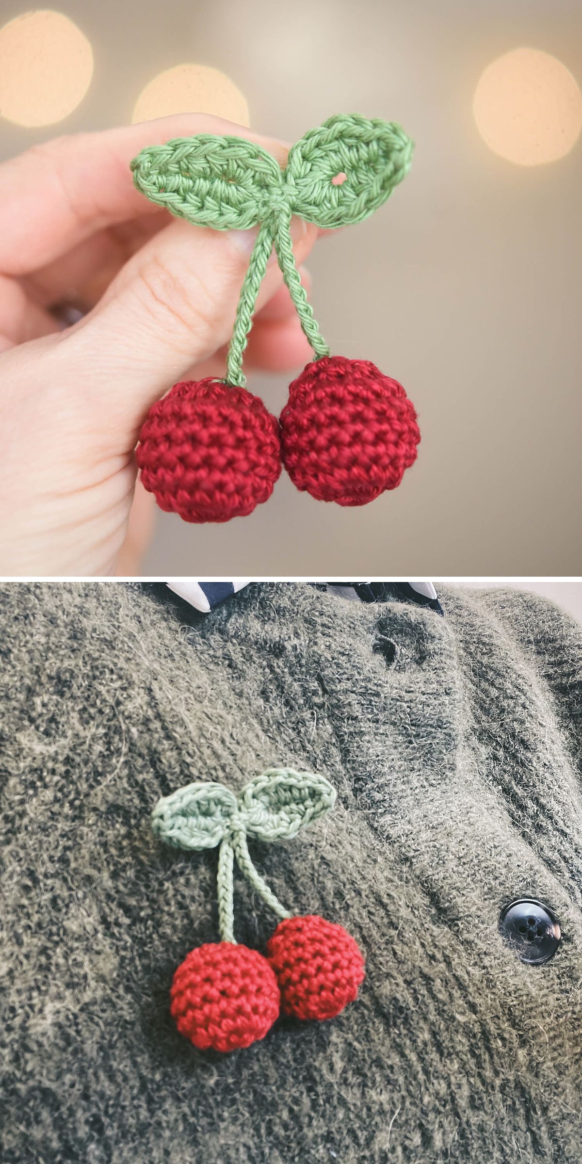 a person holding a crochet cherry brooch