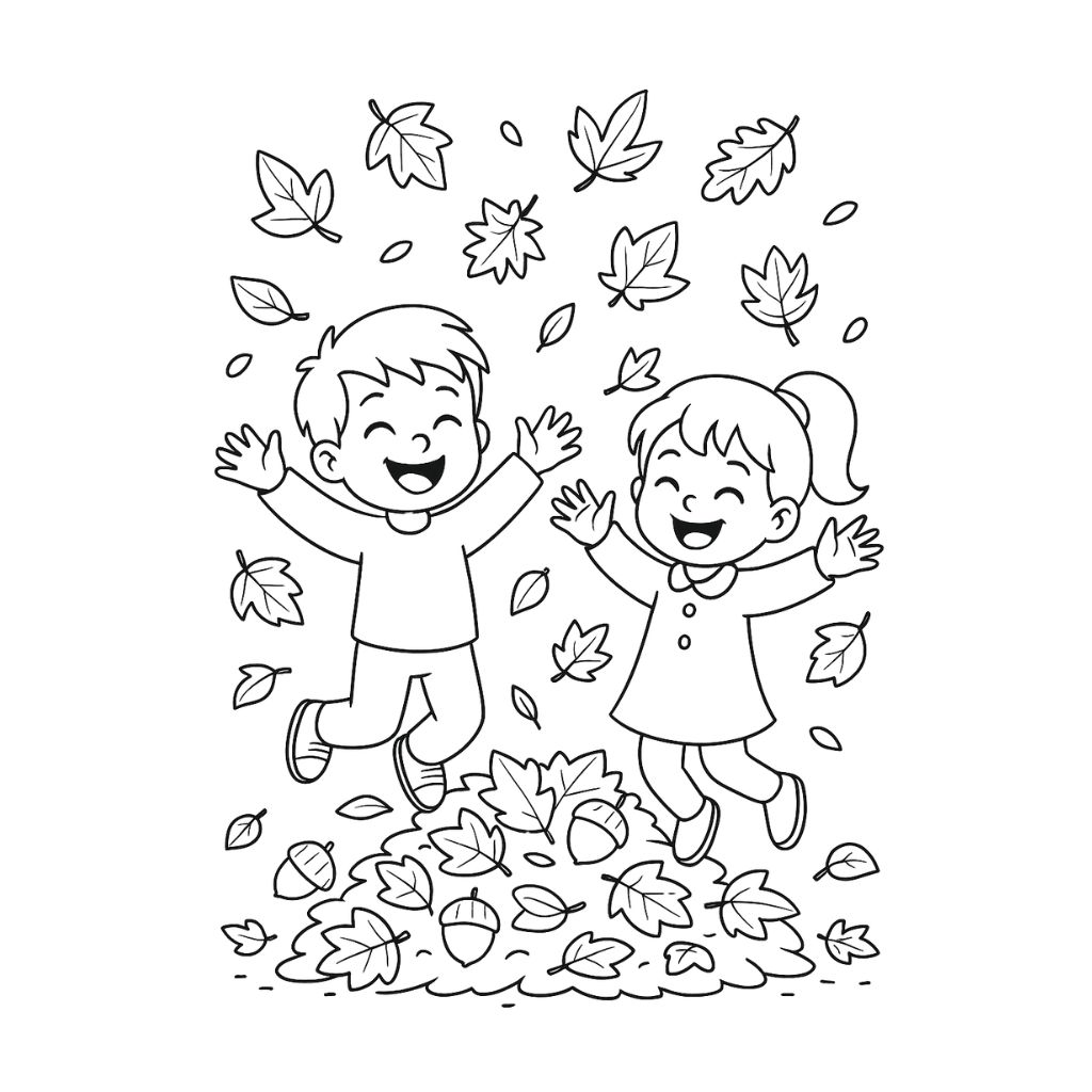 Children playing and jumping in a pile of autumn leaves – free printable fall coloring sheet.