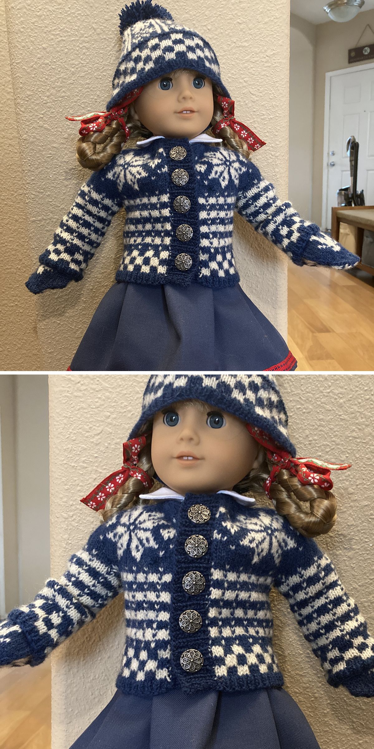 a doll wearing knitted doll clothes featuring a colorful winter-inspired design