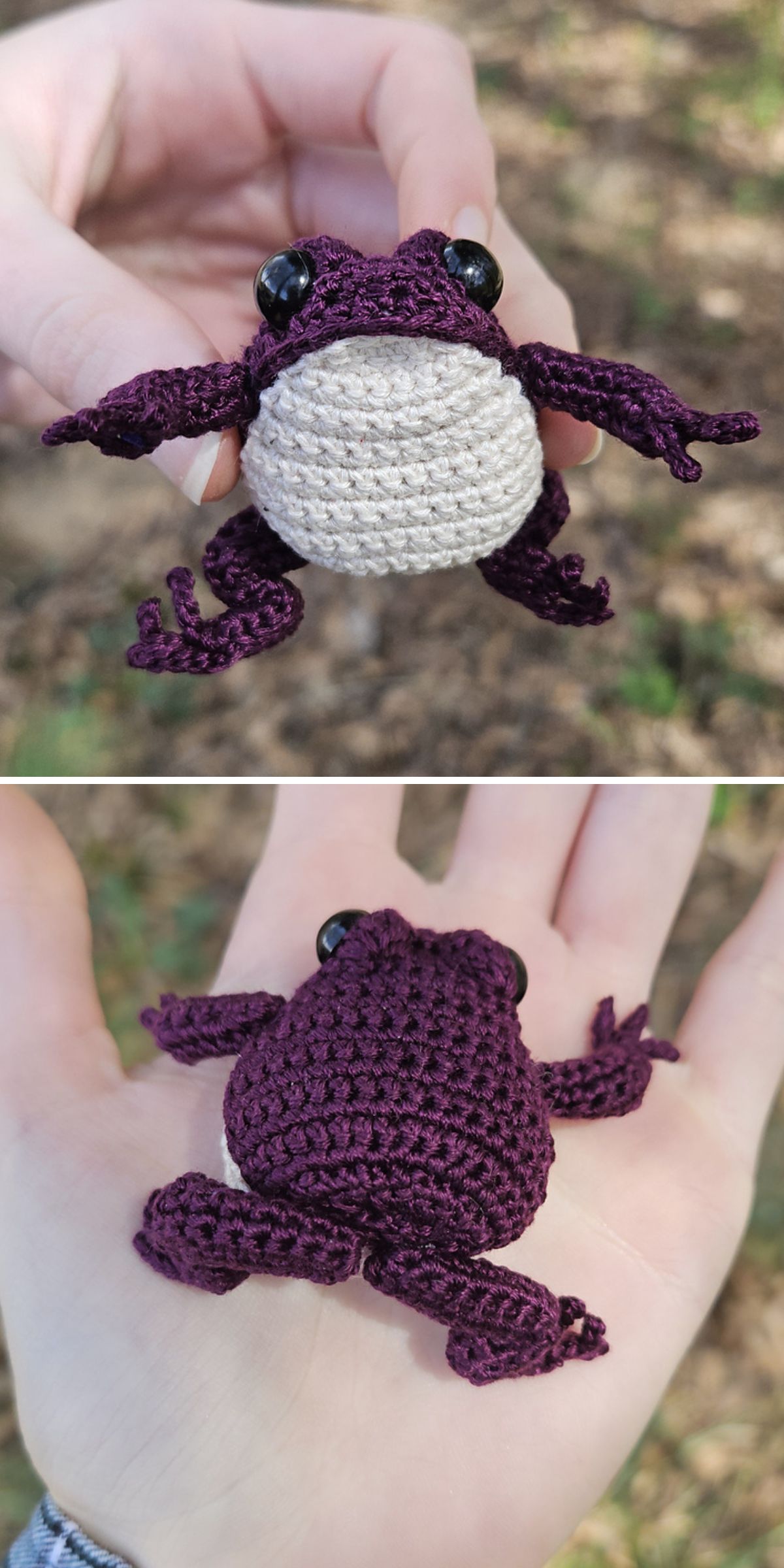 a crocheted frog in a dark purple color