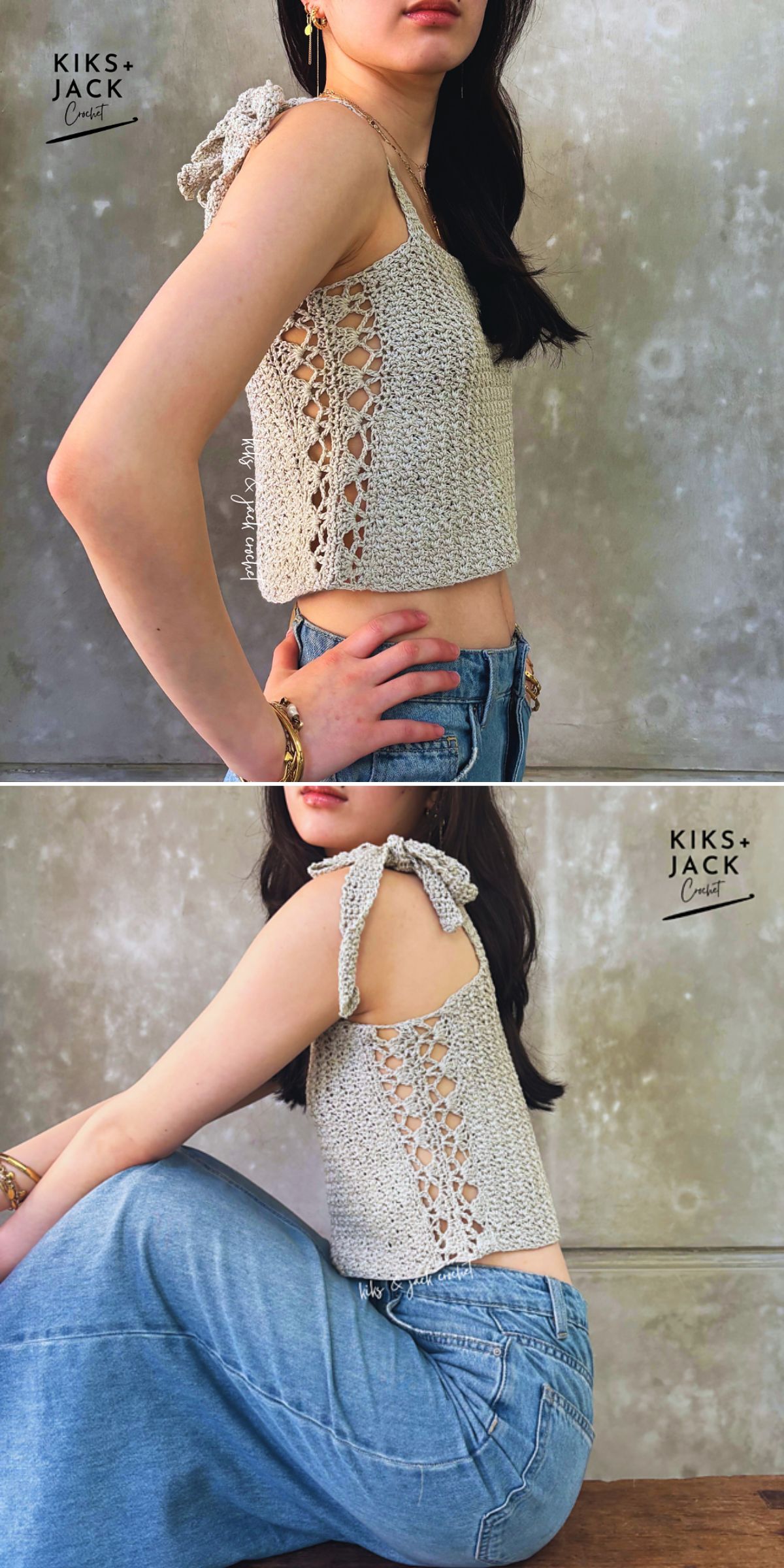 a crochet top with shoulder ties and side detailings