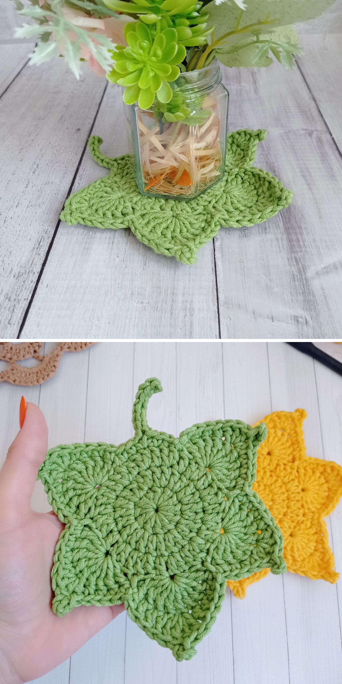 a large leaf-shaped crochet coaster