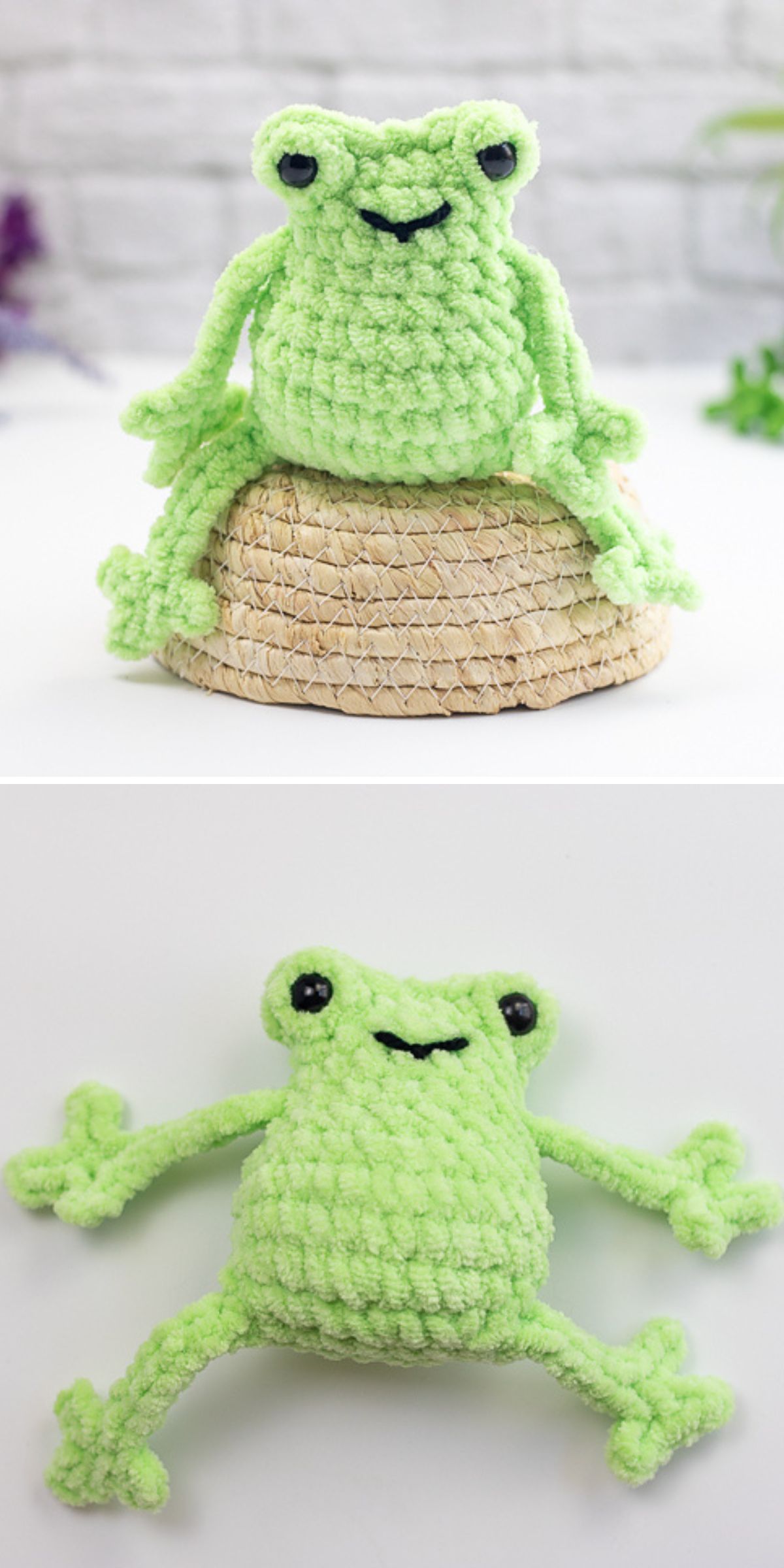 a green crochet frog