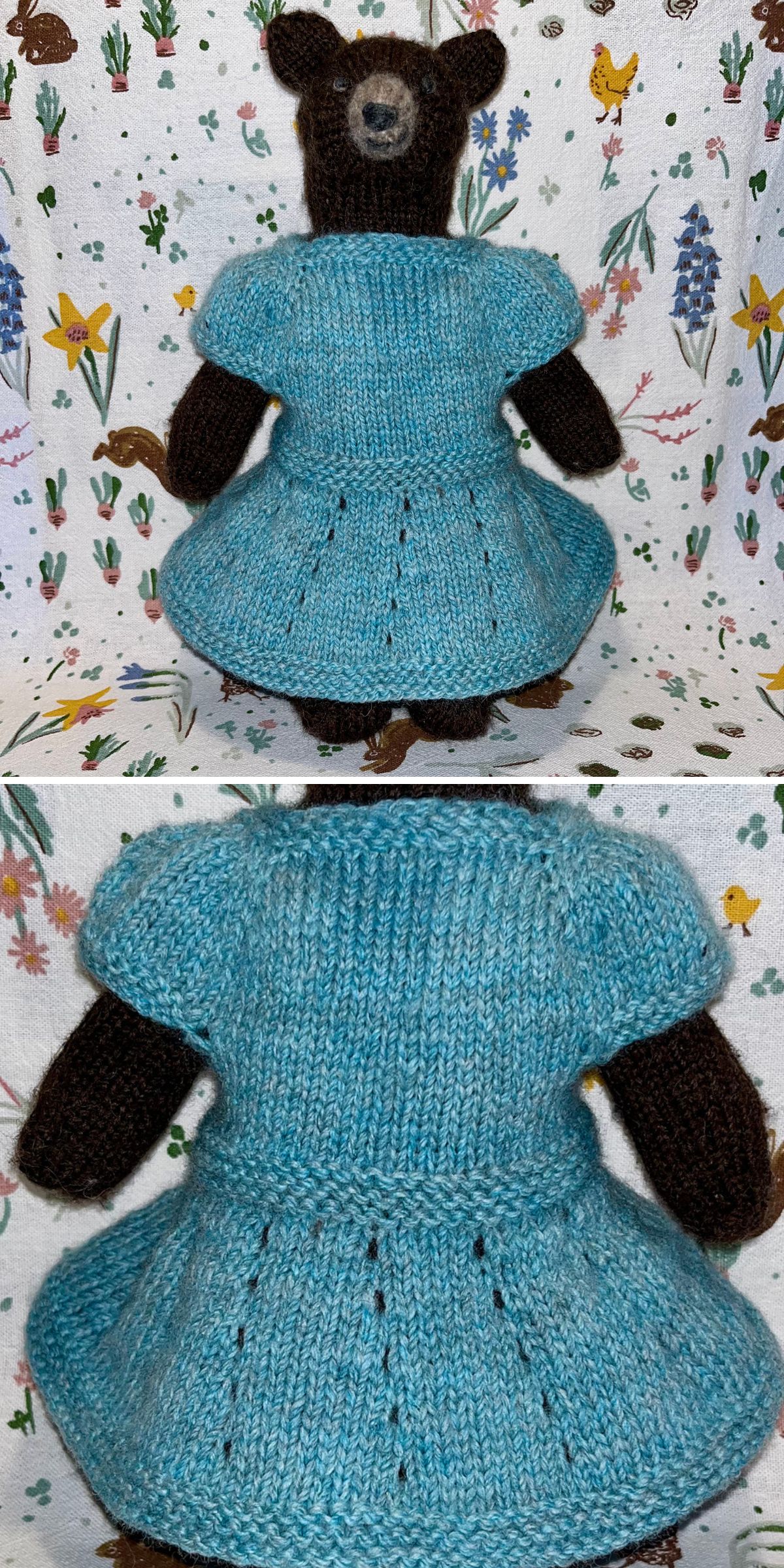 a blue knitted dress for a doll