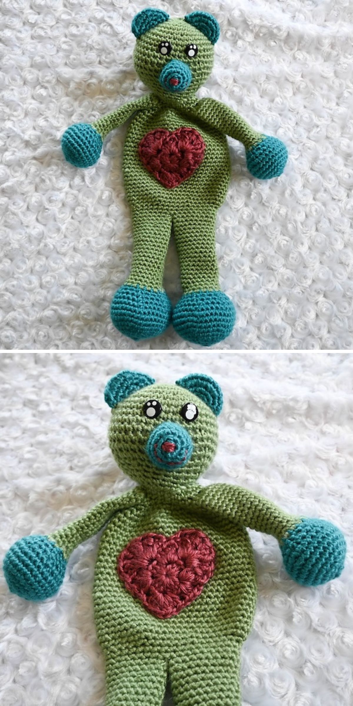 a crochet teddy bear toy with long floppy arms and legs and big heart on its body