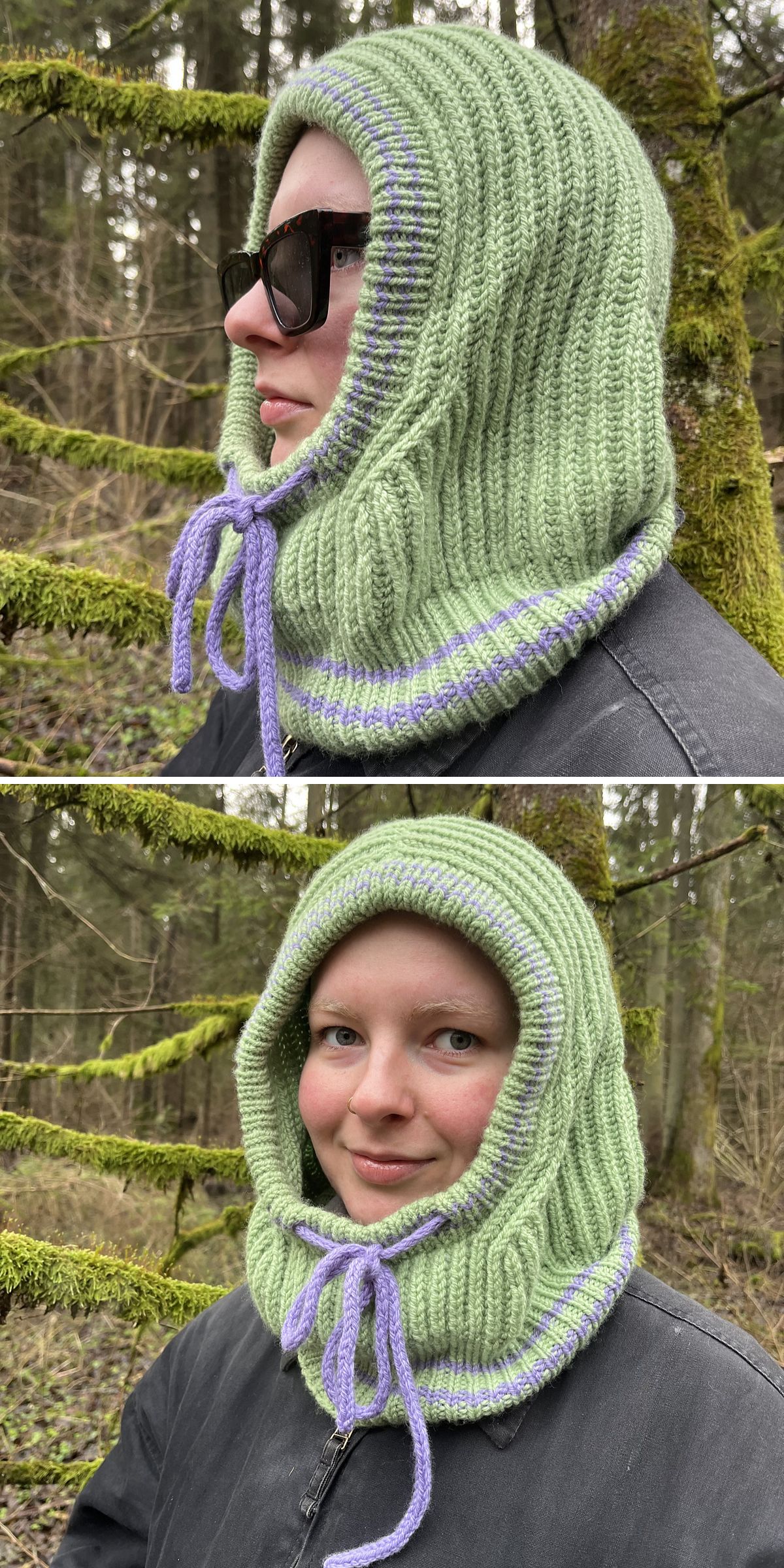 a woman wearing an oversized knitted hood with front ties