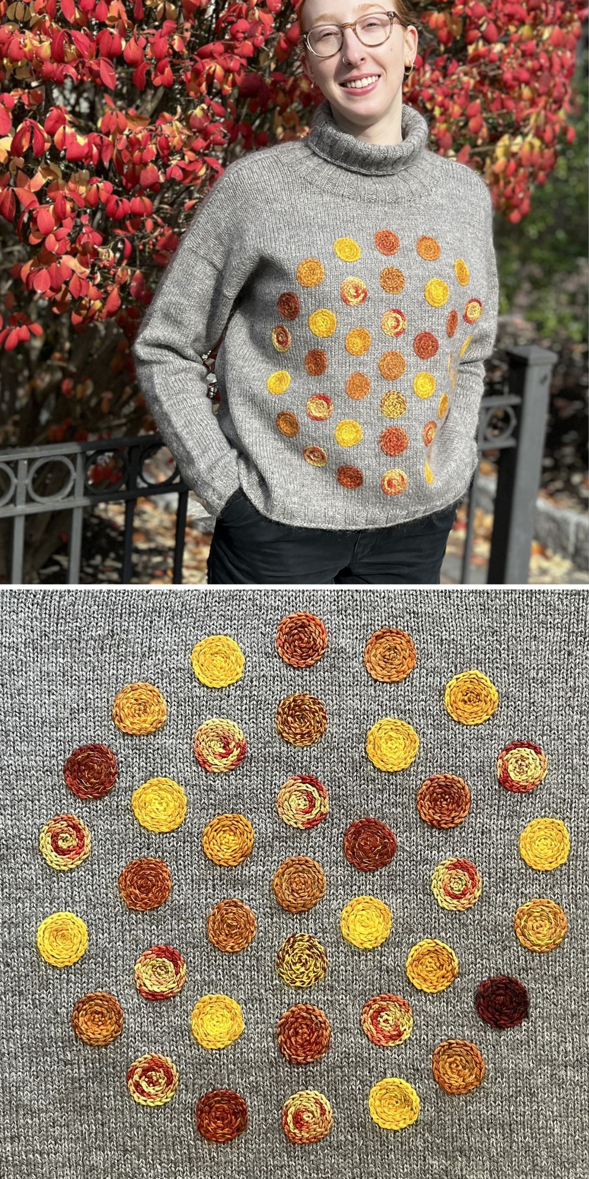 a grey knitted sweater with a turtleneck featuring a bunch of circle appliques in yellow, orange and brown