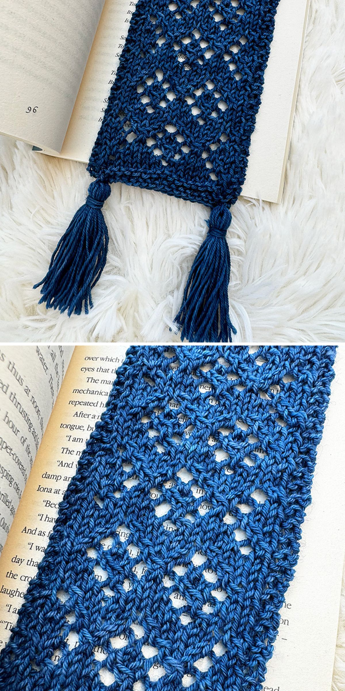 A blue knitted bookmark with tassels on each end, similar in charm to knitted bookmarks, is placed inside an open book on a white textured surface.