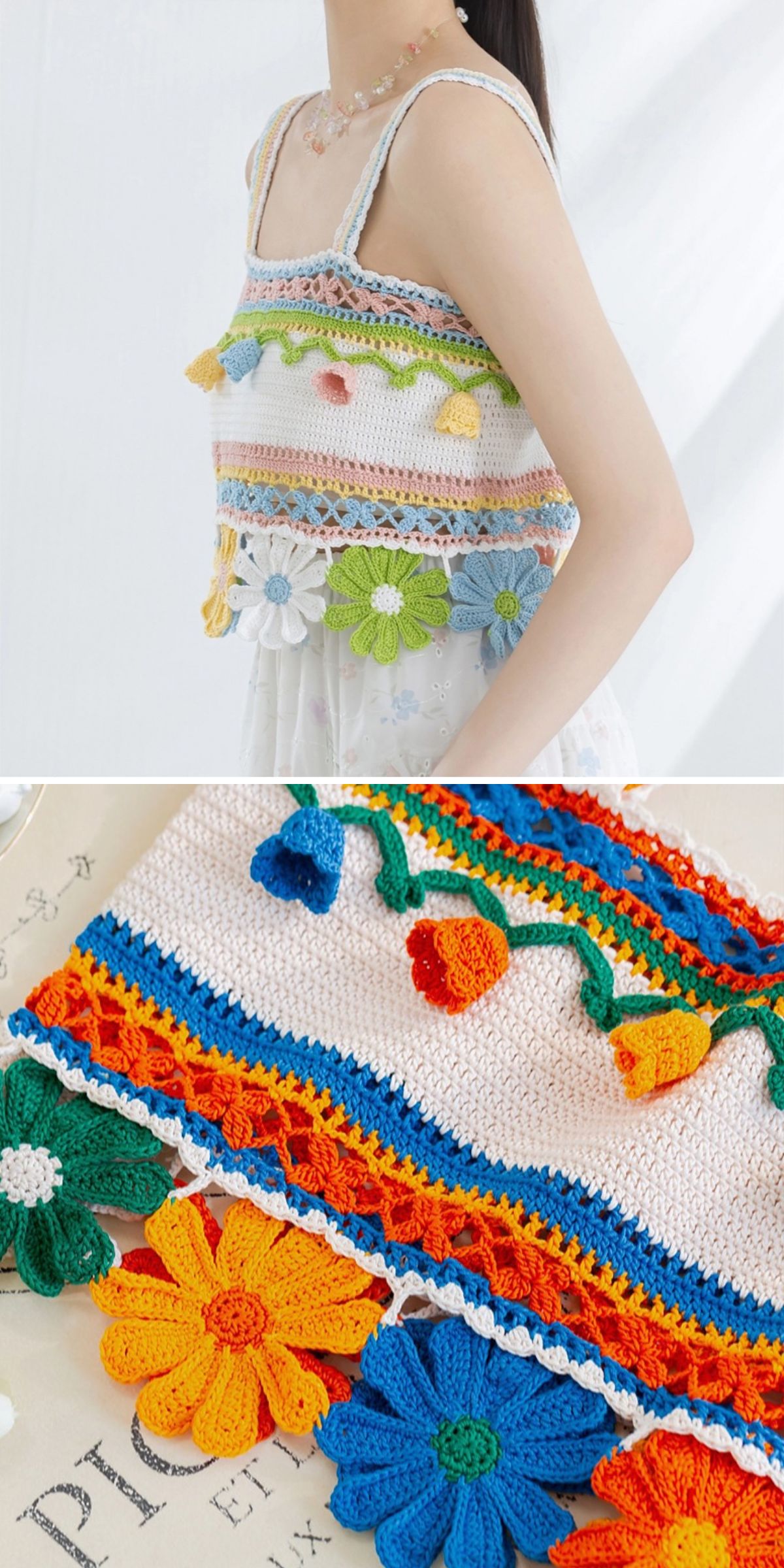 a bright crochet camisole with a floral design