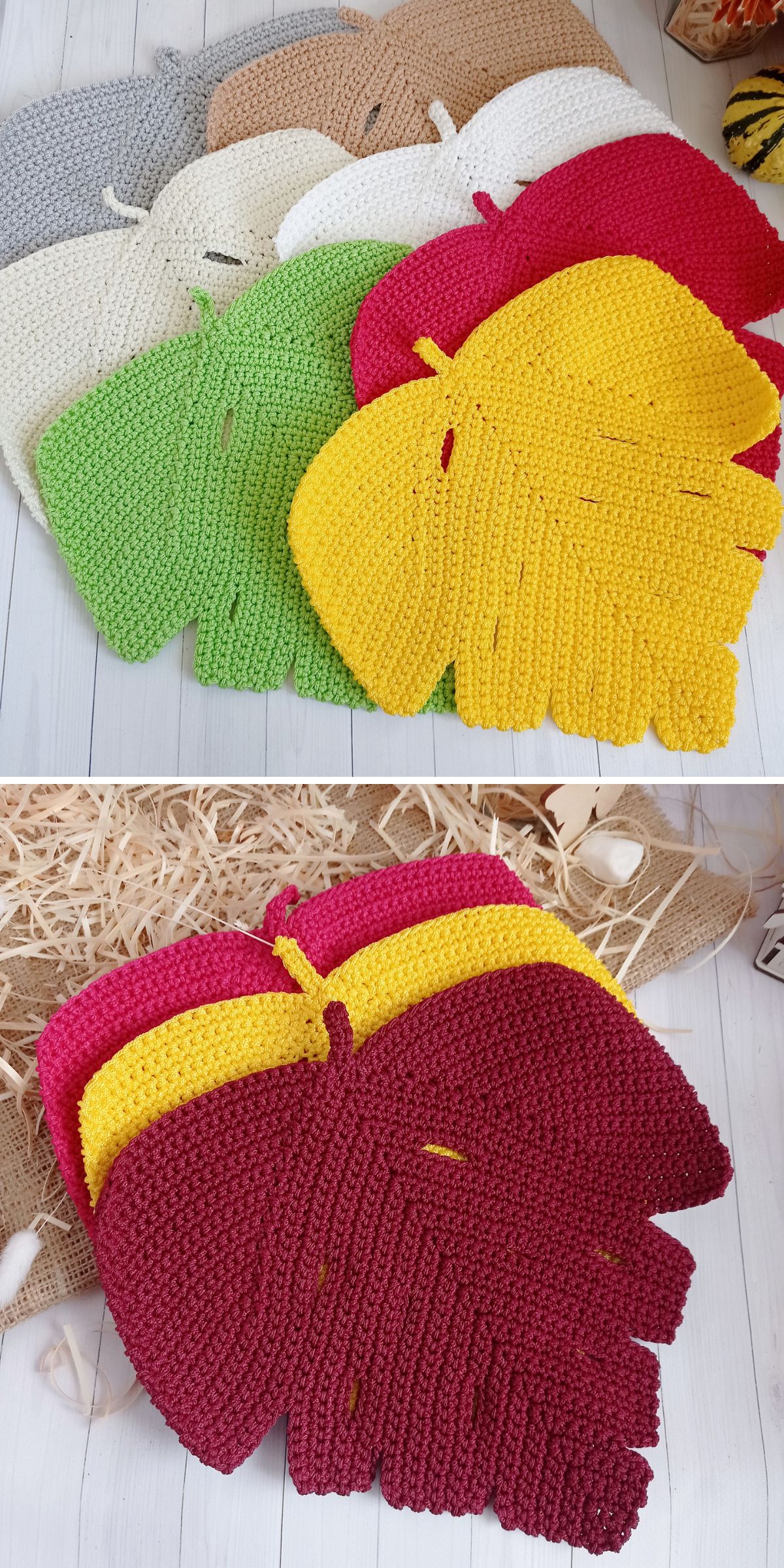 crochet placemats shaped like monastera leaf