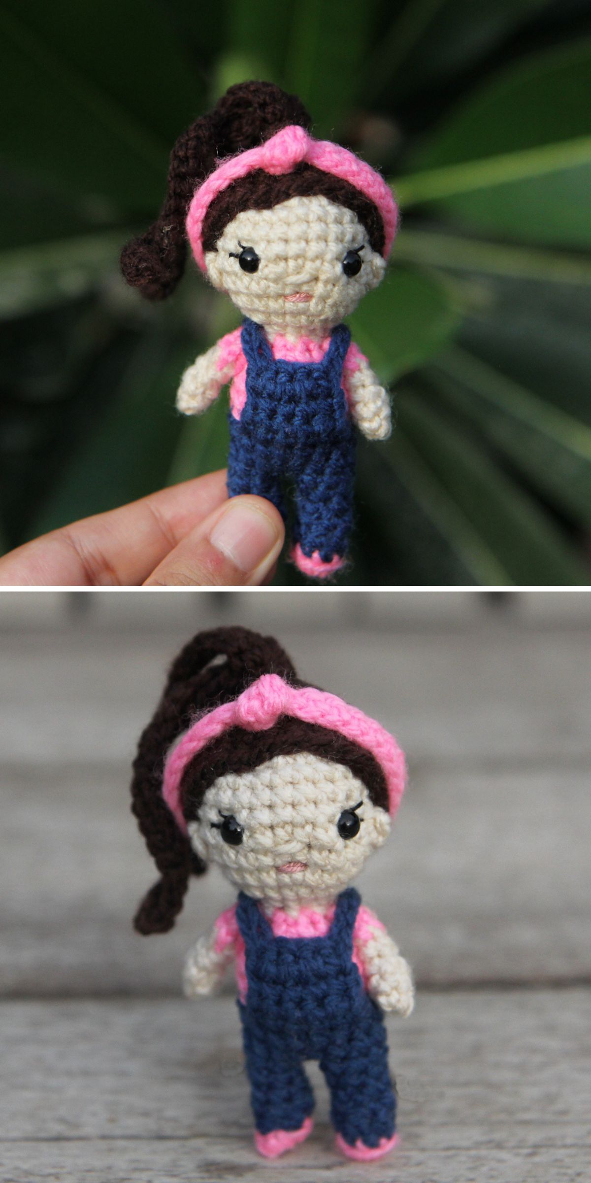 a small crochet doll wearing blue-navy overalls with a pink top underneath