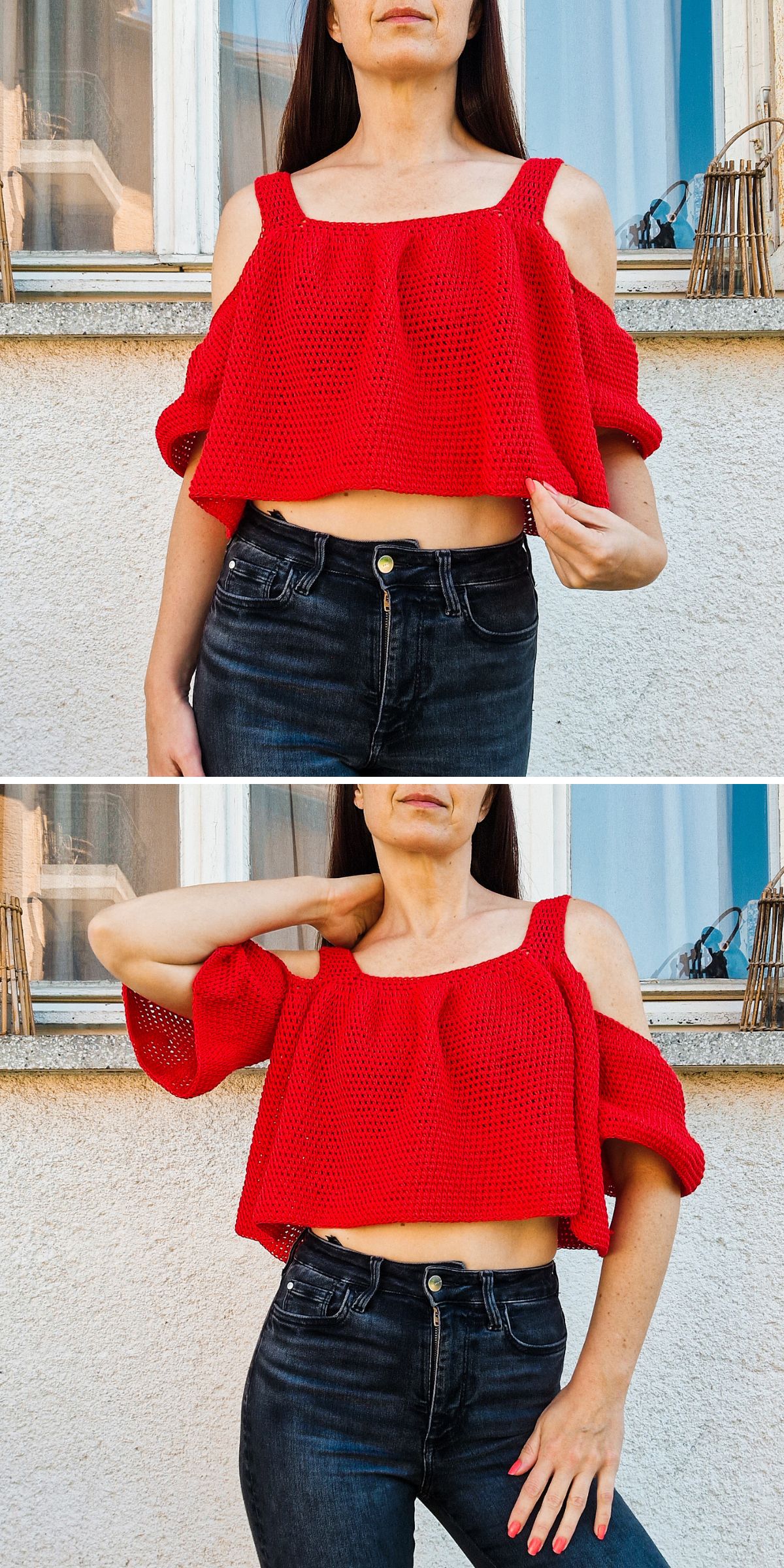 a red crochet top with open shoulders and ruffled cut