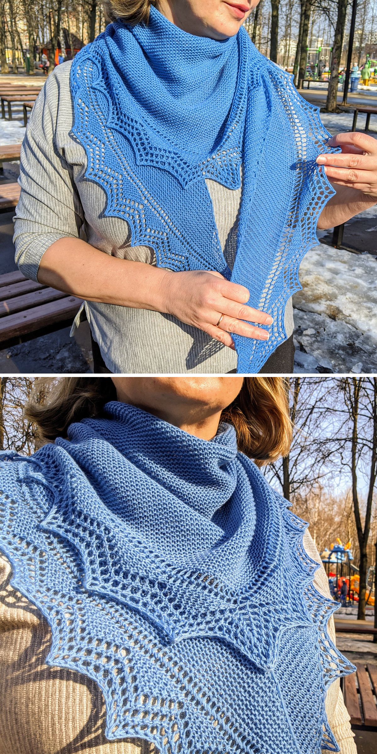 a blue knitted shawl with a bold pointy edging