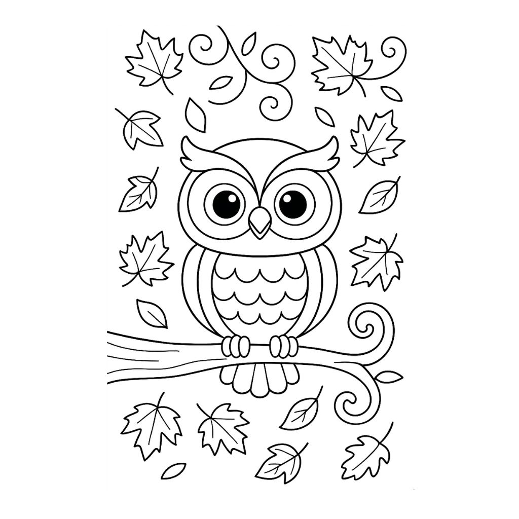 Owl sitting on a tree branch with falling autumn leaves – fall coloring pages printable for kids.