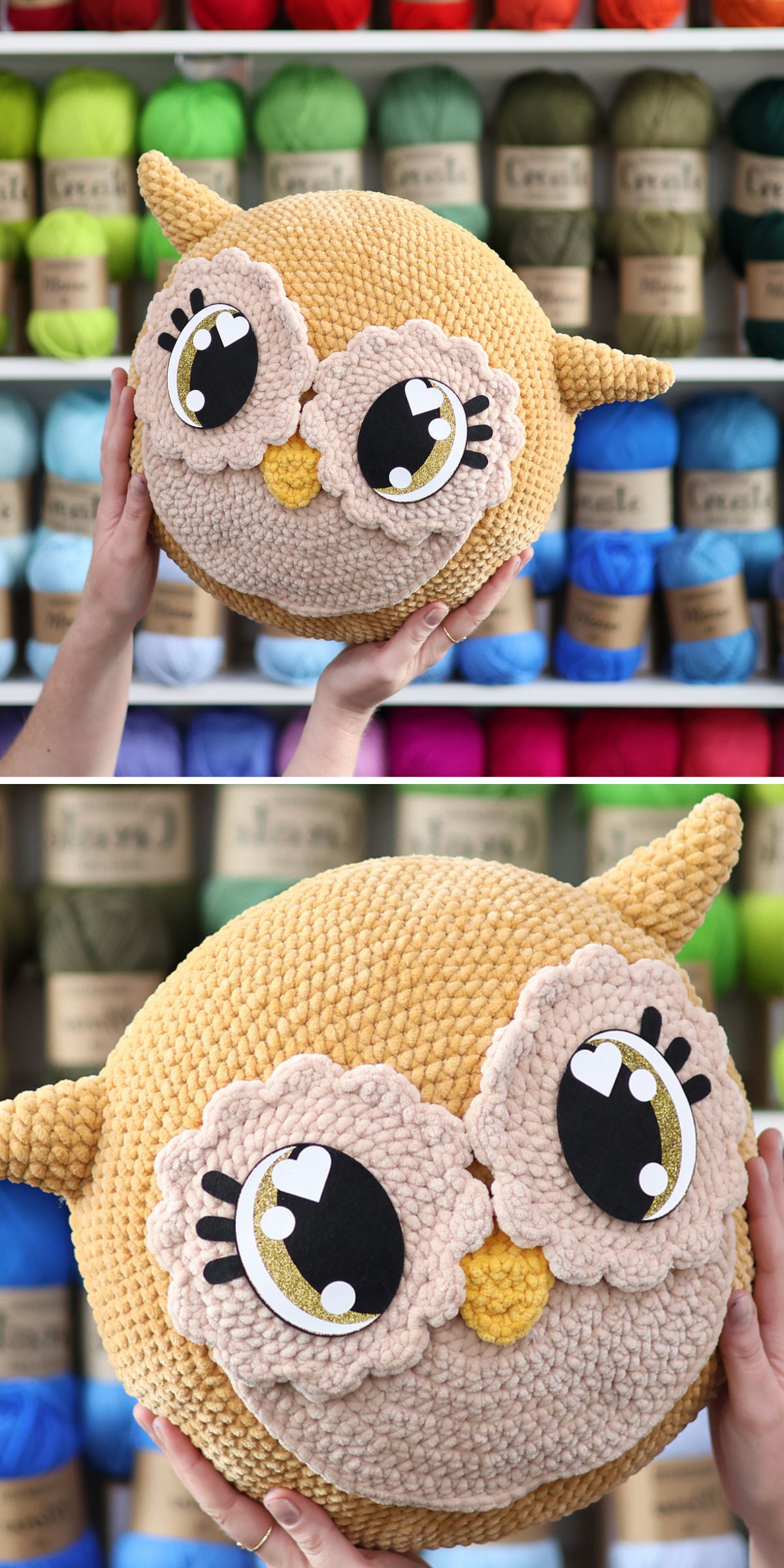 a big squishy crochet pillow with an owl face