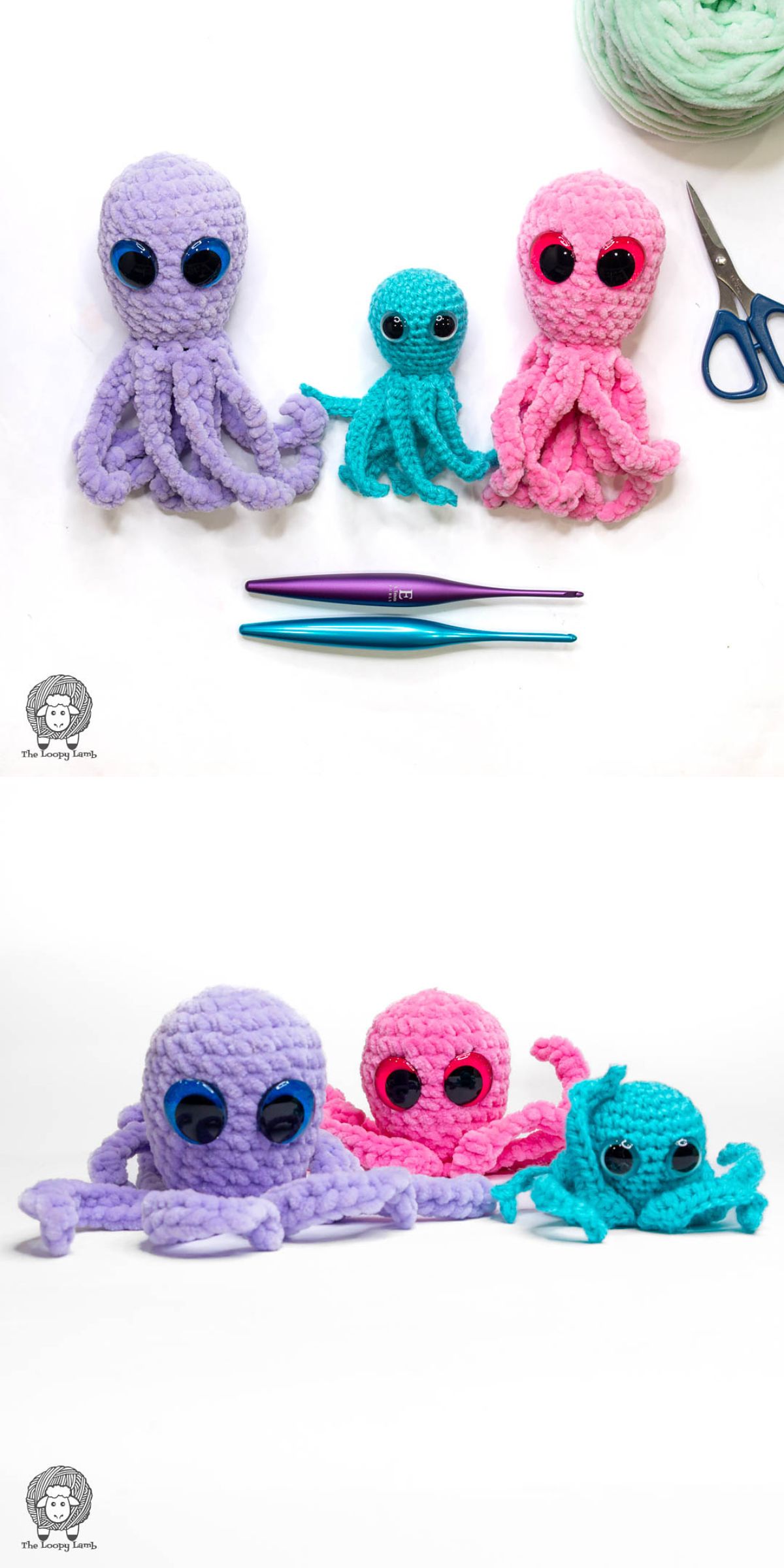 three crochet octopuses in different colors and sizes