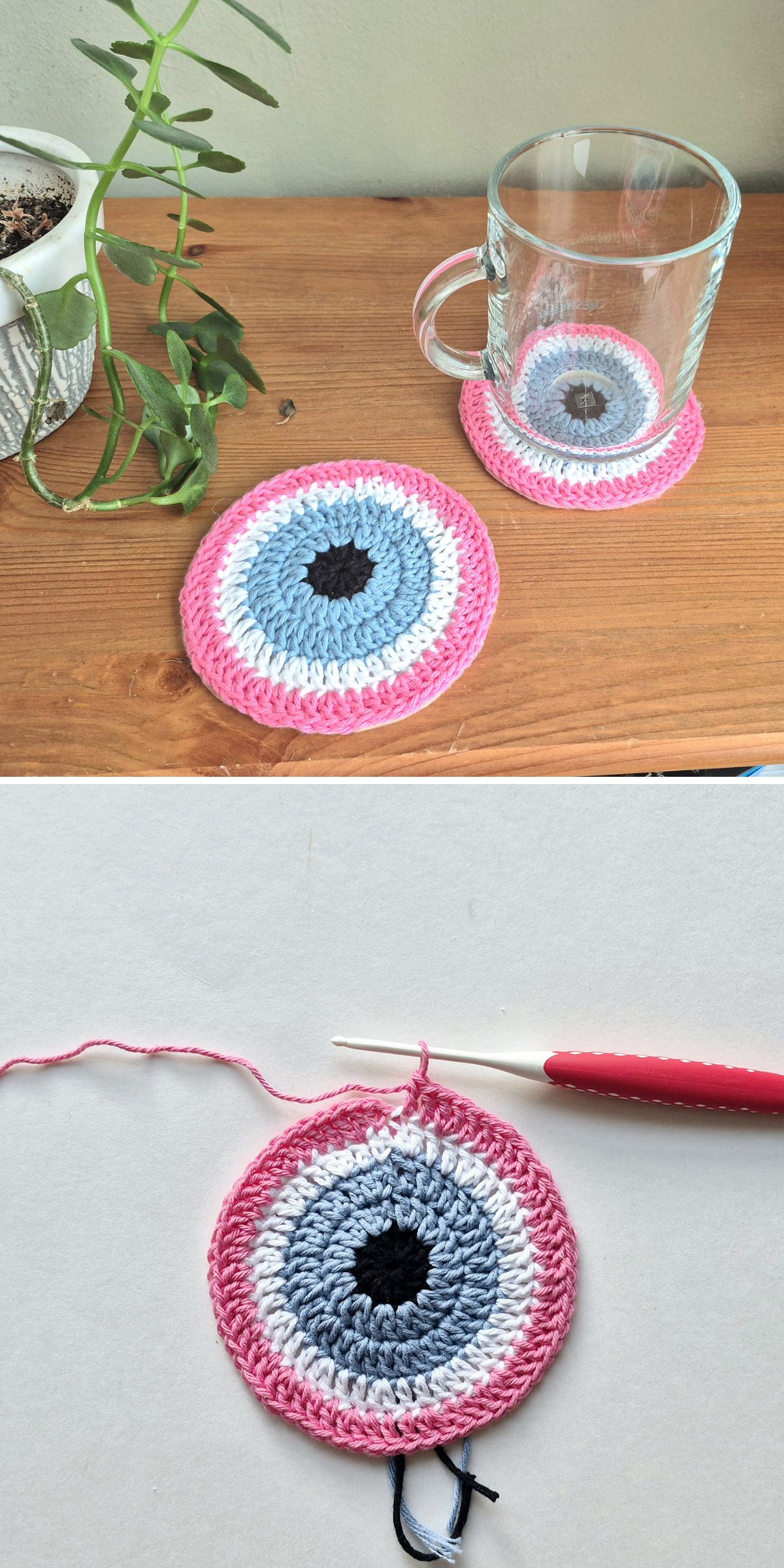 a crochet coaster with an eyeball-inspired design