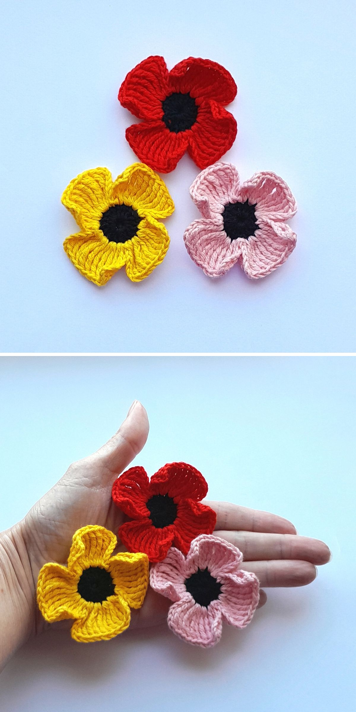 three crochet poppy appliques in red, yellow and pink
