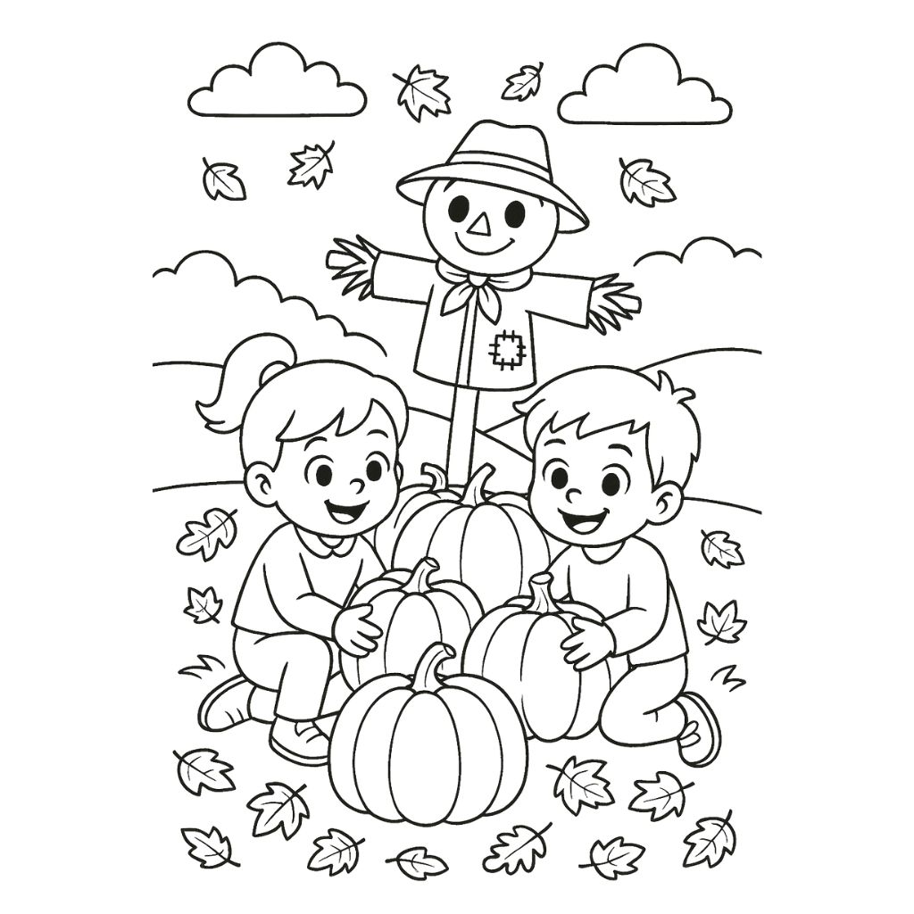 Children at a pumpkin patch with a scarecrow and pumpkins – cute printable fall coloring page.