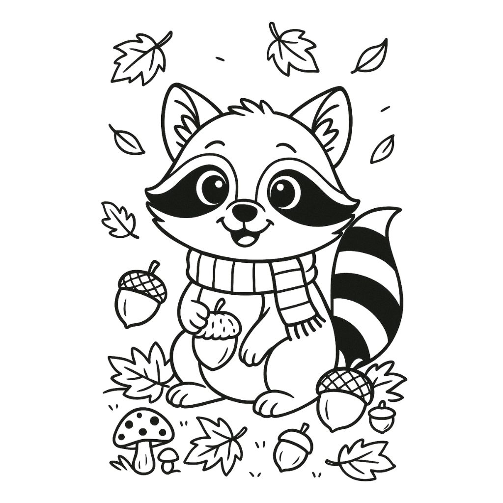 Raccoon wearing a scarf holding an acorn with autumn details – cute fall coloring page printable free.