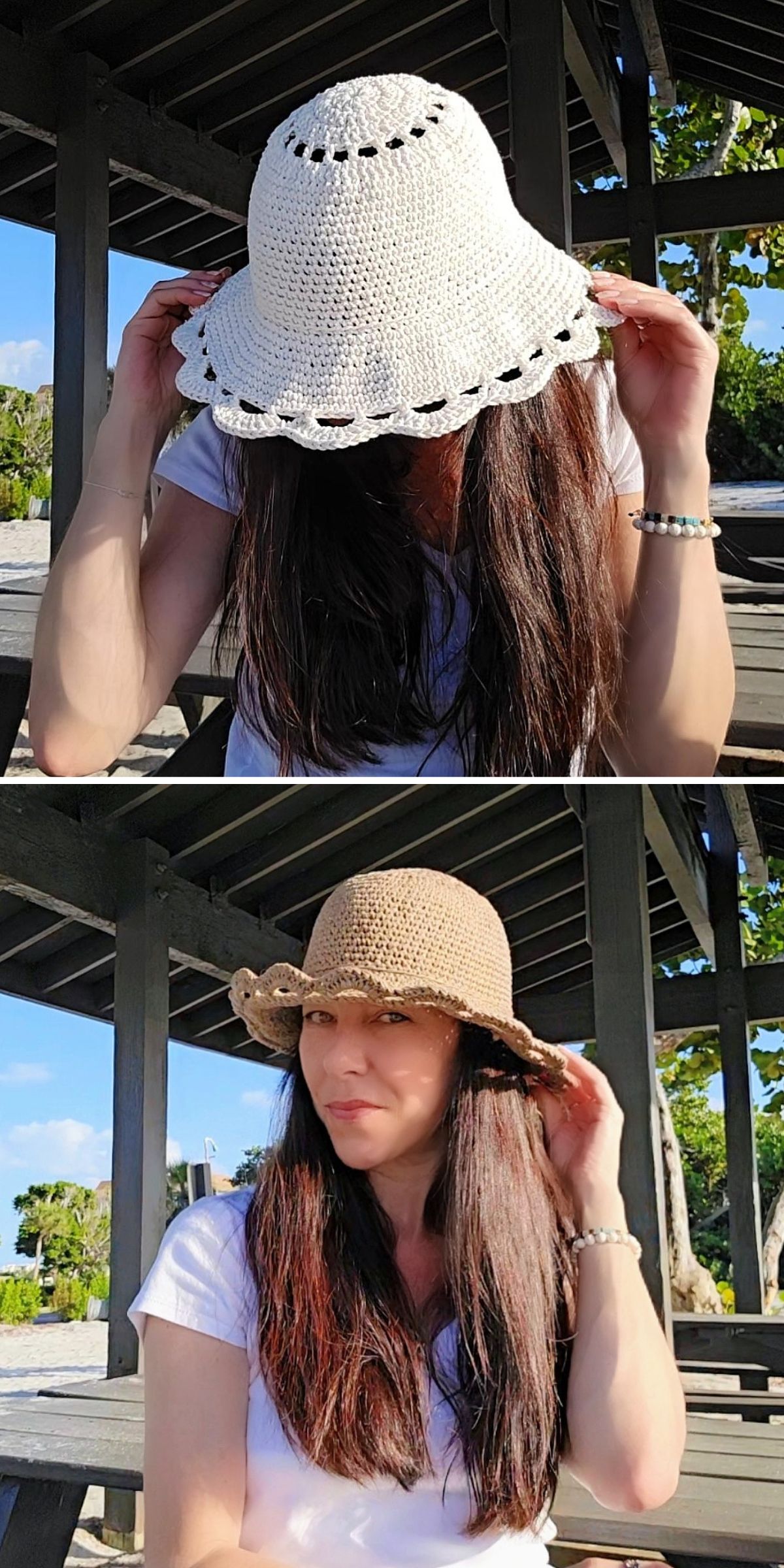 Two images show a woman with long brown hair wearing a white t-shirt outdoors — she tries on a white crochet sun hat in the first photo and a brown straw hat in the second.