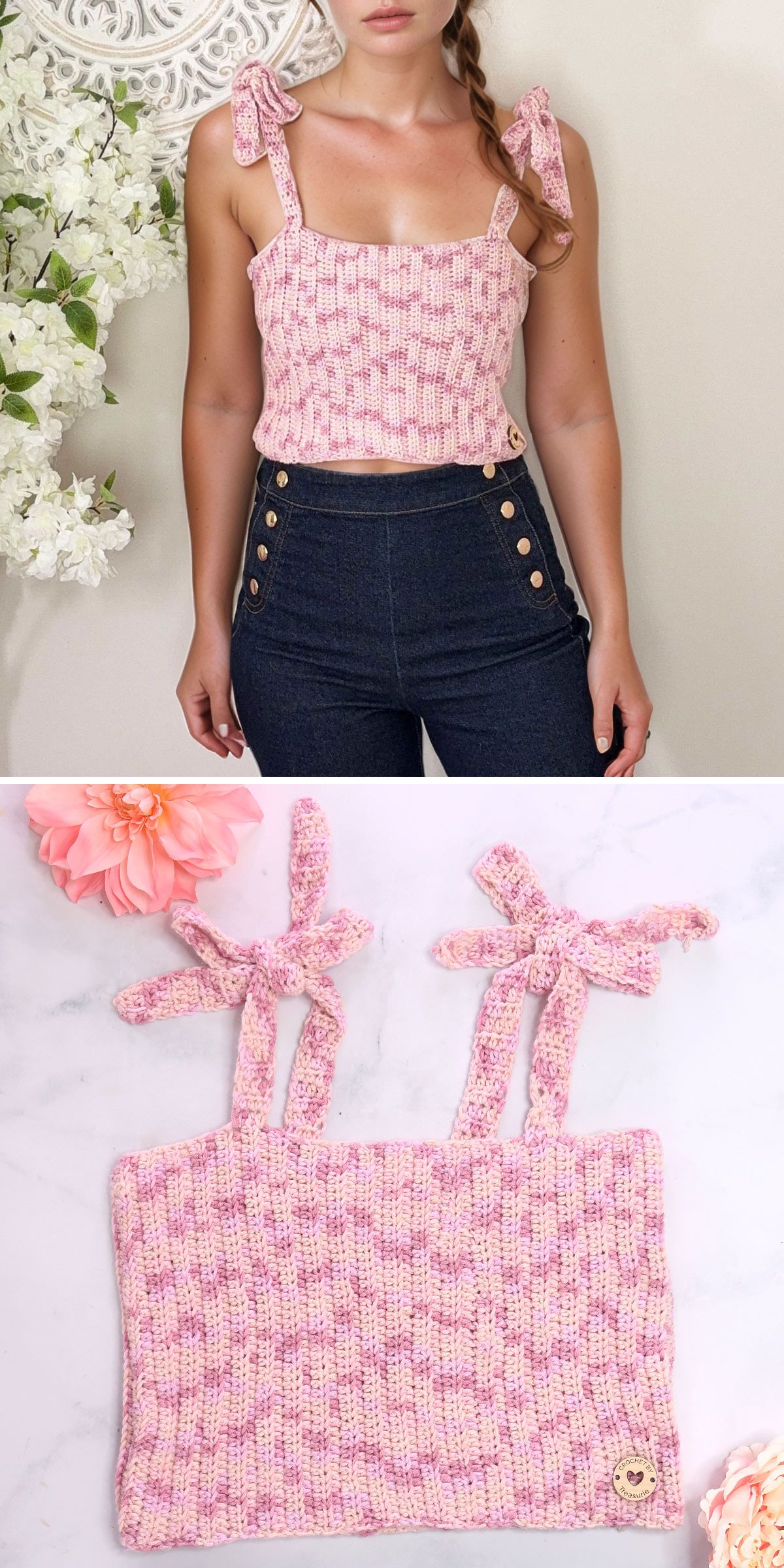 a woman wearing a pink ribbed crochet top with shoulder ties