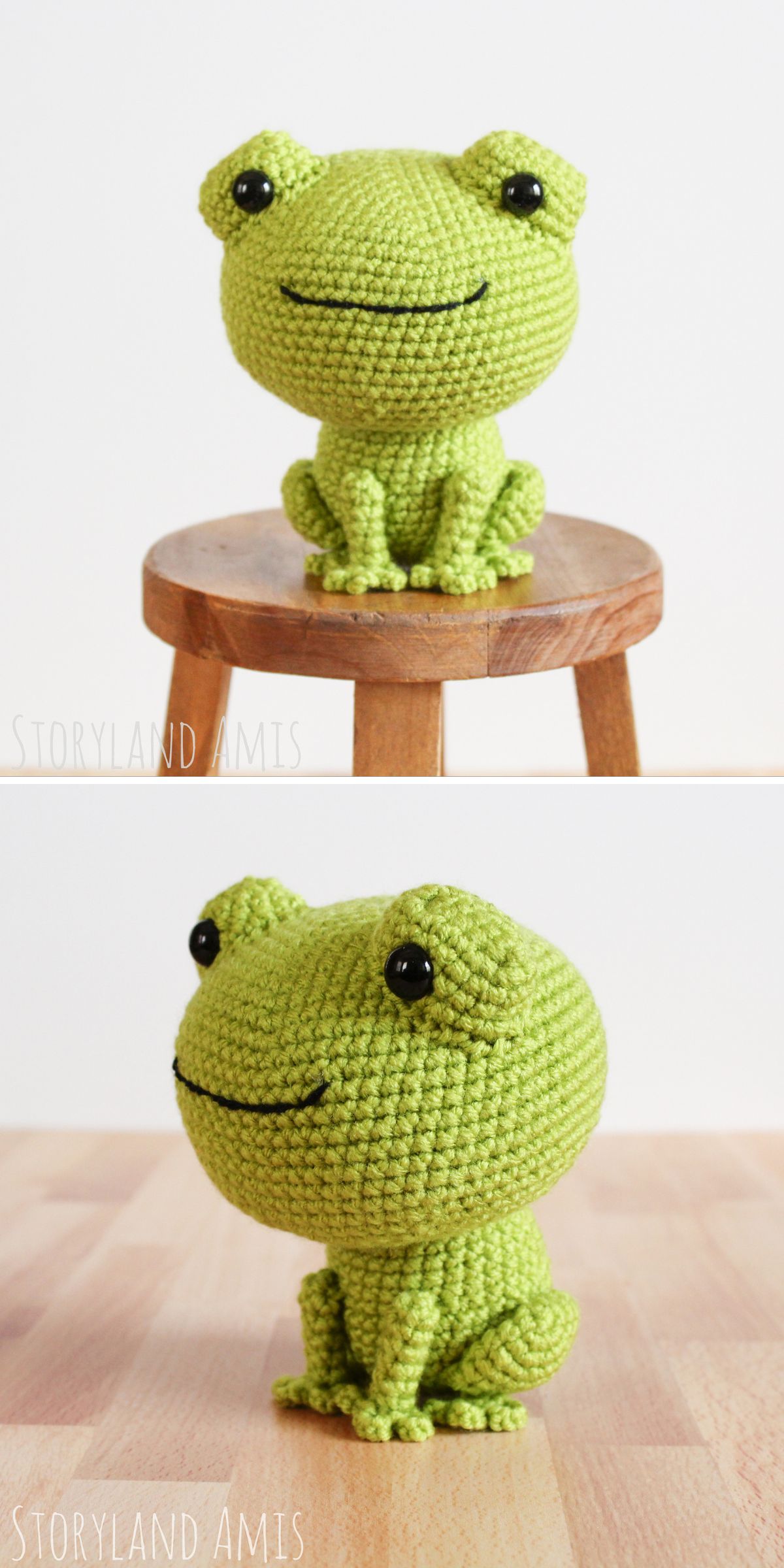 a crochet forg amigurumi in a sitting pose