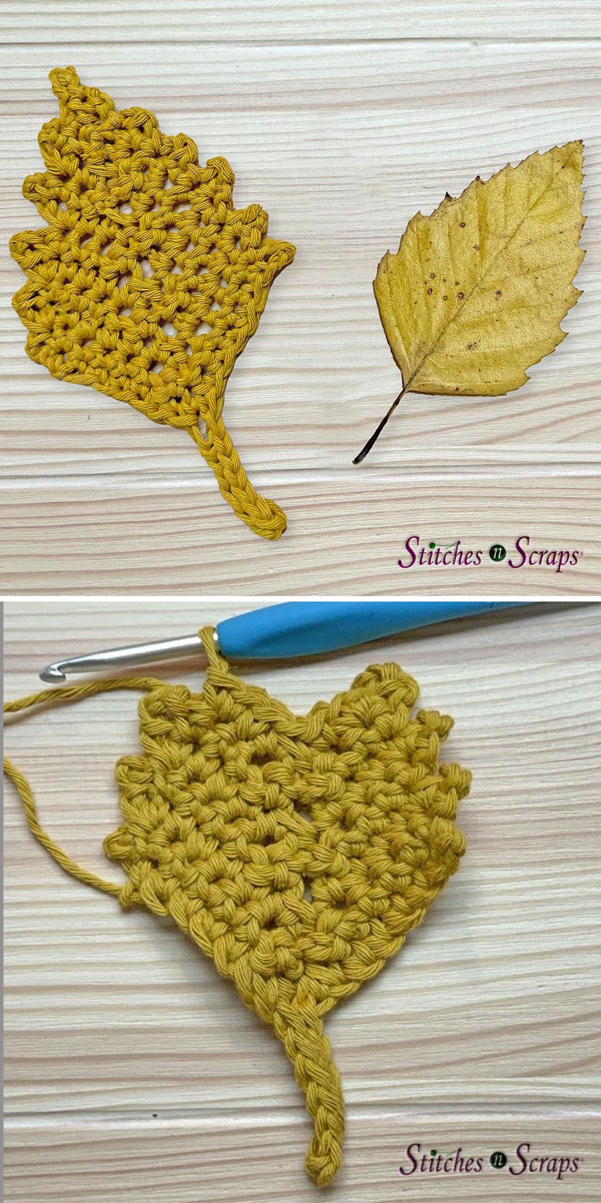 a crocheted birch leaf in a yellow color
