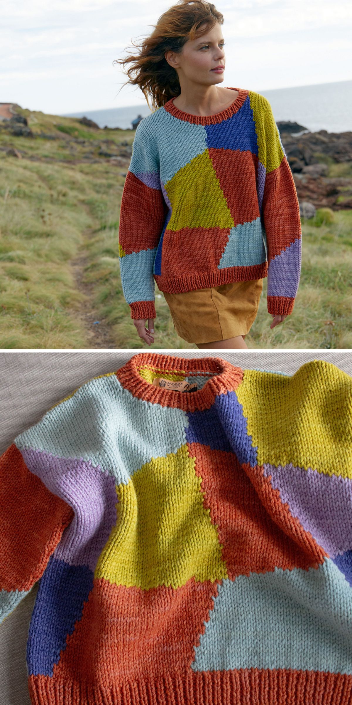 a woman wearing a knit sweater featuring several colors