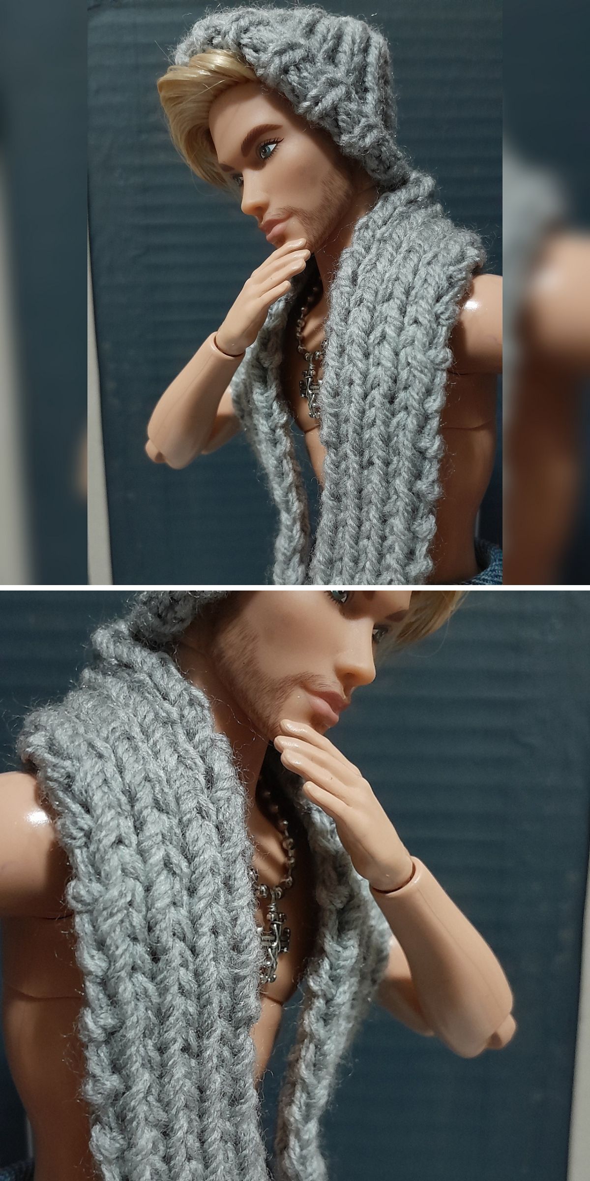 a grey knitted scarf and beanie for dolls